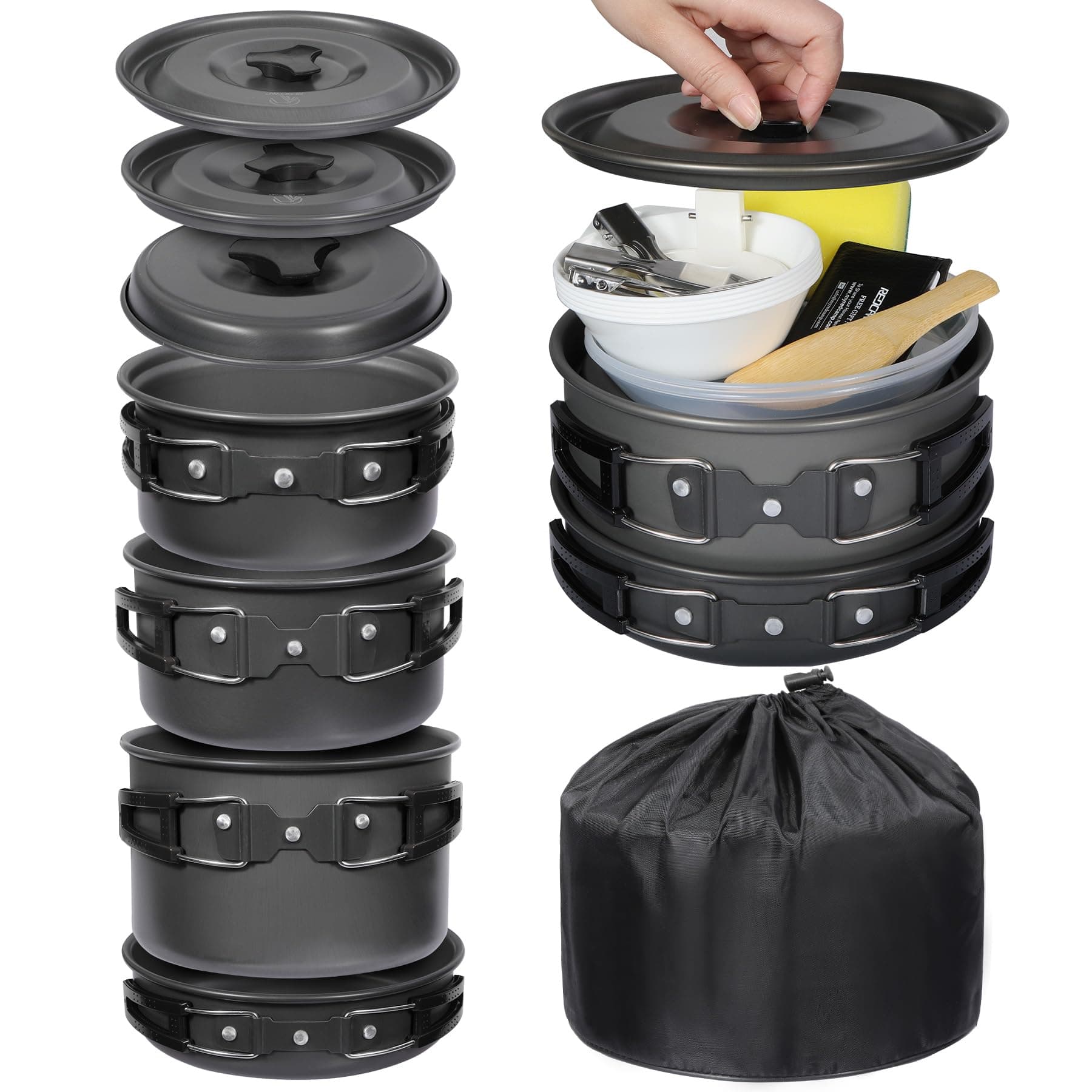 REDCAMP 6/10/11/12/14/15/19 PCS Camping Cookware Mess Kit Camping Gear Campfire Utensils Lightweight Stackable Pot Pan Bowls Soup Spoon with Storage Bag for Camping, Backpacking, Outdoor Cooking