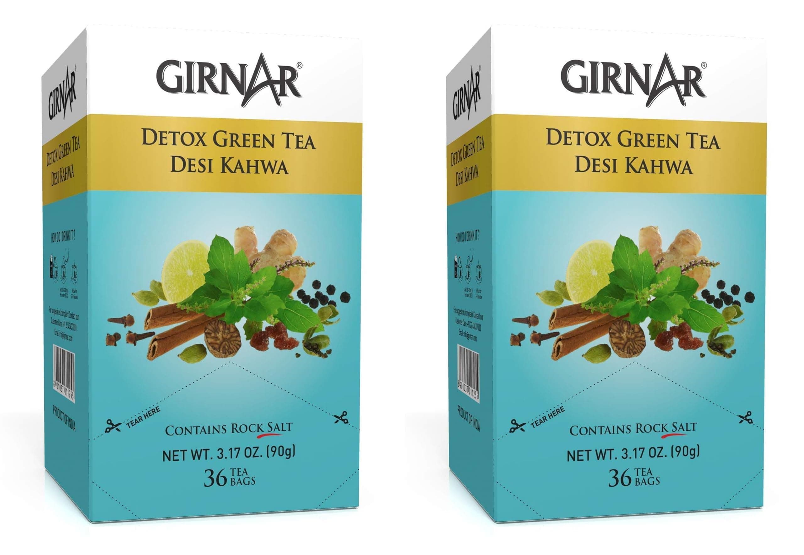 Girnar Green Tea Desi Kahwa (Detox Tea) - 36 Tea Bags X 2 Packs