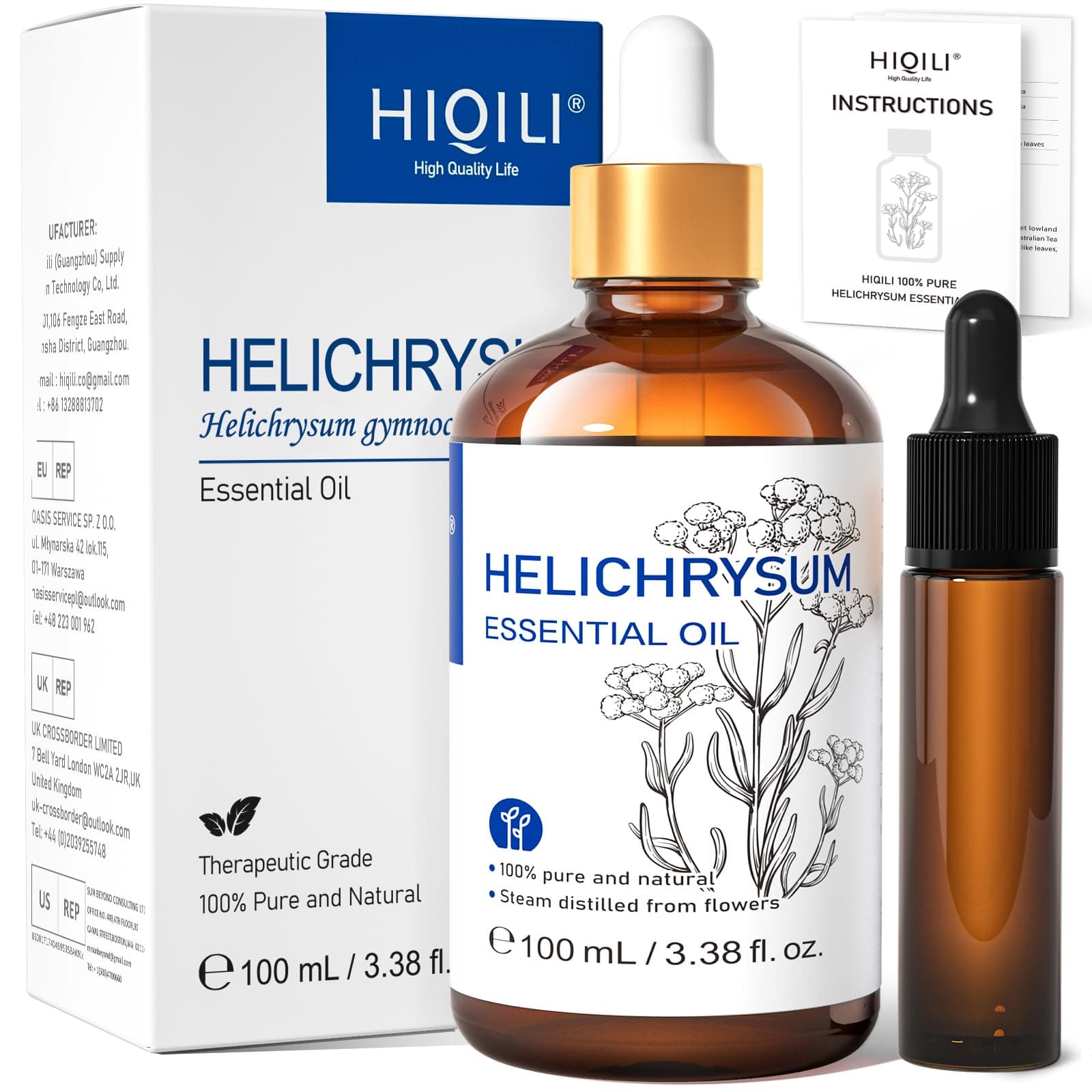 HIQILI Helichrysum Essential Oil for Skin Nourish, Undiluted & Natural, Relieve Fatigue in Body Massage, Reduce Fine Line and Wrinkle, Aromatherapy Diffuser, DIY Floral Scented Gift -100ML