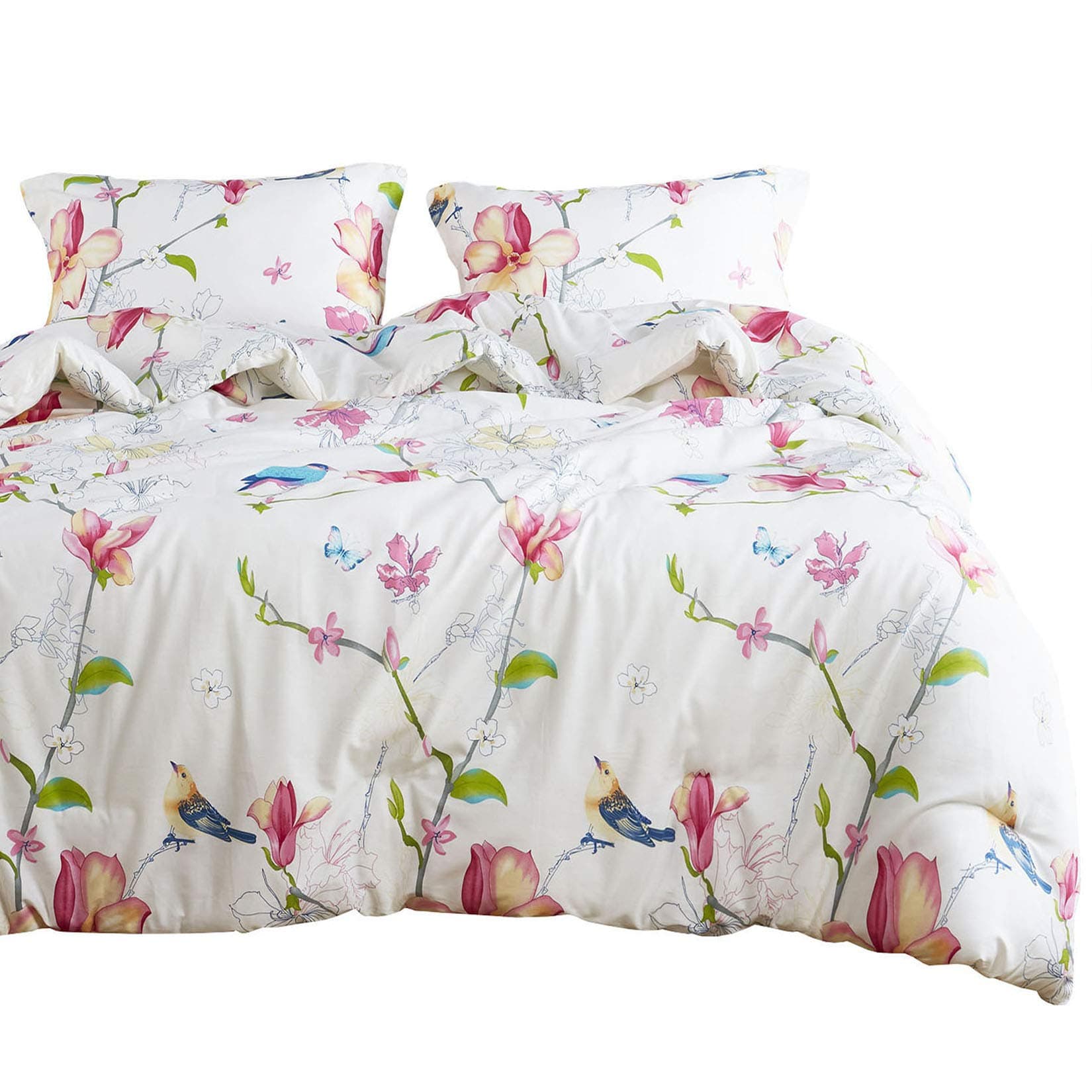 Wake In Cloud - Floral Duvet Cover Set, 100% Cotton Bedding, Botanical Flowers and Birds Pattern Printed, with Zipper Closure (3pcs, Full Size)