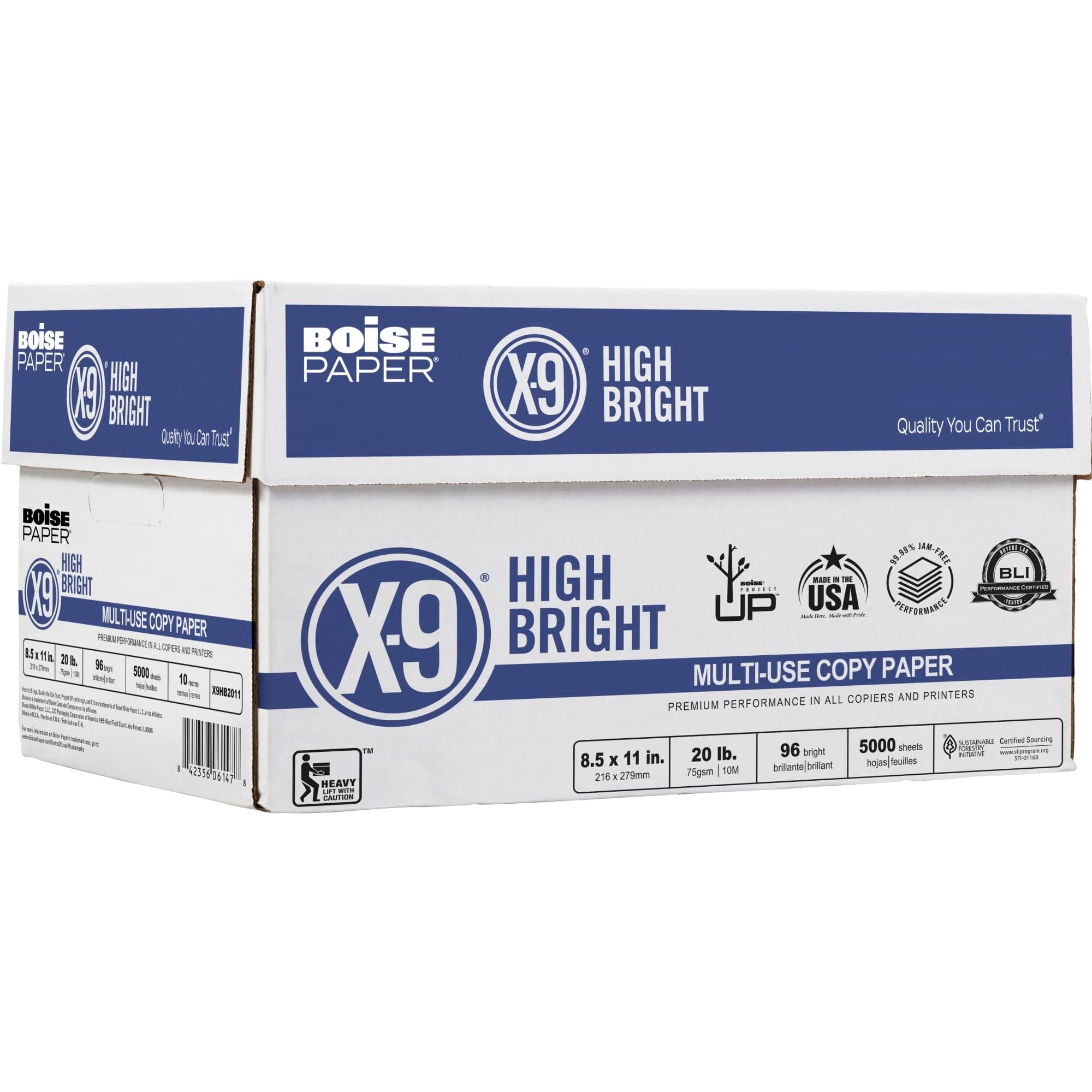 X-9® High Bright Multipurpose Copy Paper, Letter Paper Size, 108 (Euro)/96 (US) Brightness, 20 Lb, White, 500 Sheets Per Ream, Case Of 10 Reams