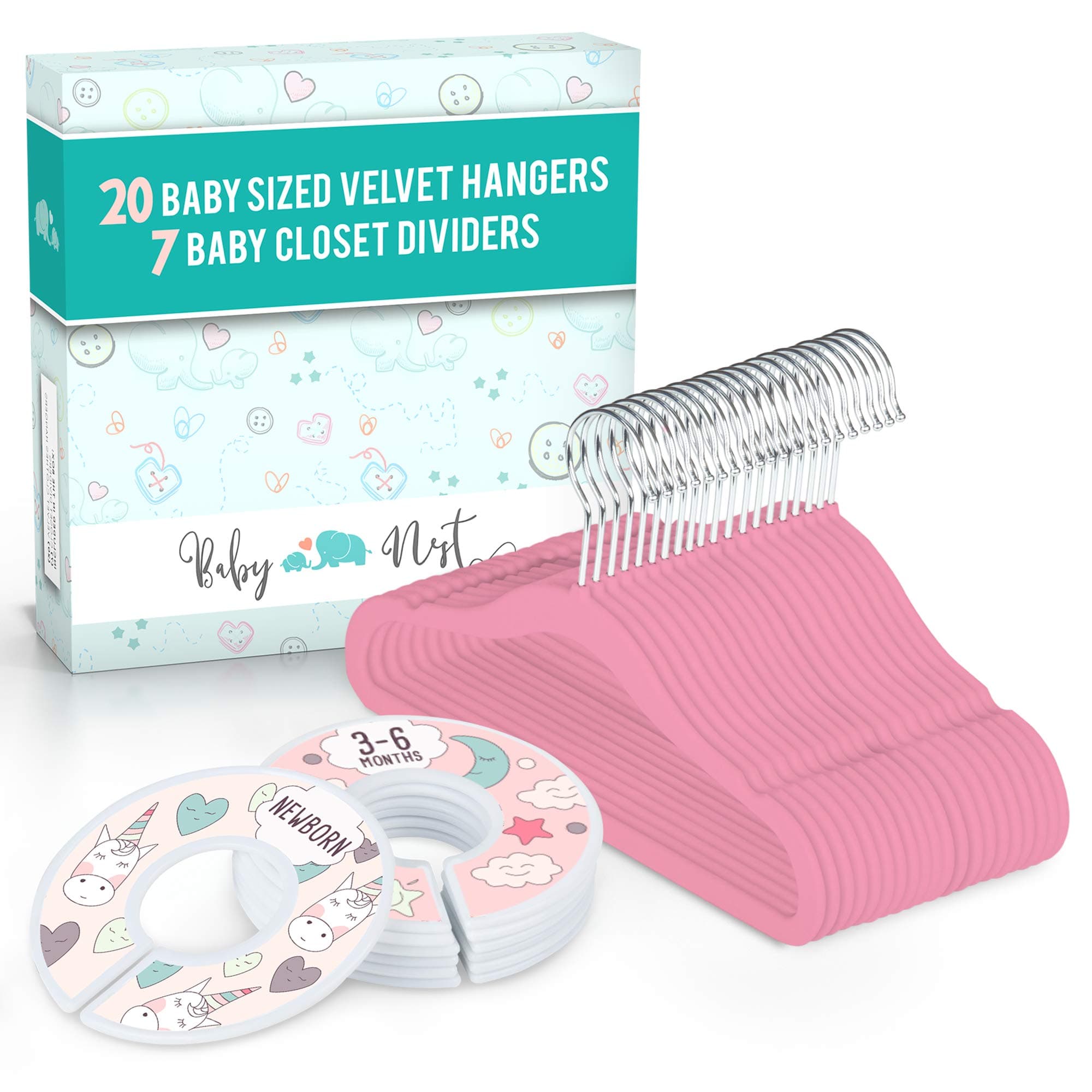 Baby Nest Designs Unicorn Baby Hangers and Wardrobe Dividers – Cute Nursery Organizer with 7X Baby Size Dividers (Infant Newborn Clothing to 24 Months) and 20x Velvet Hangers for Baby Clothes