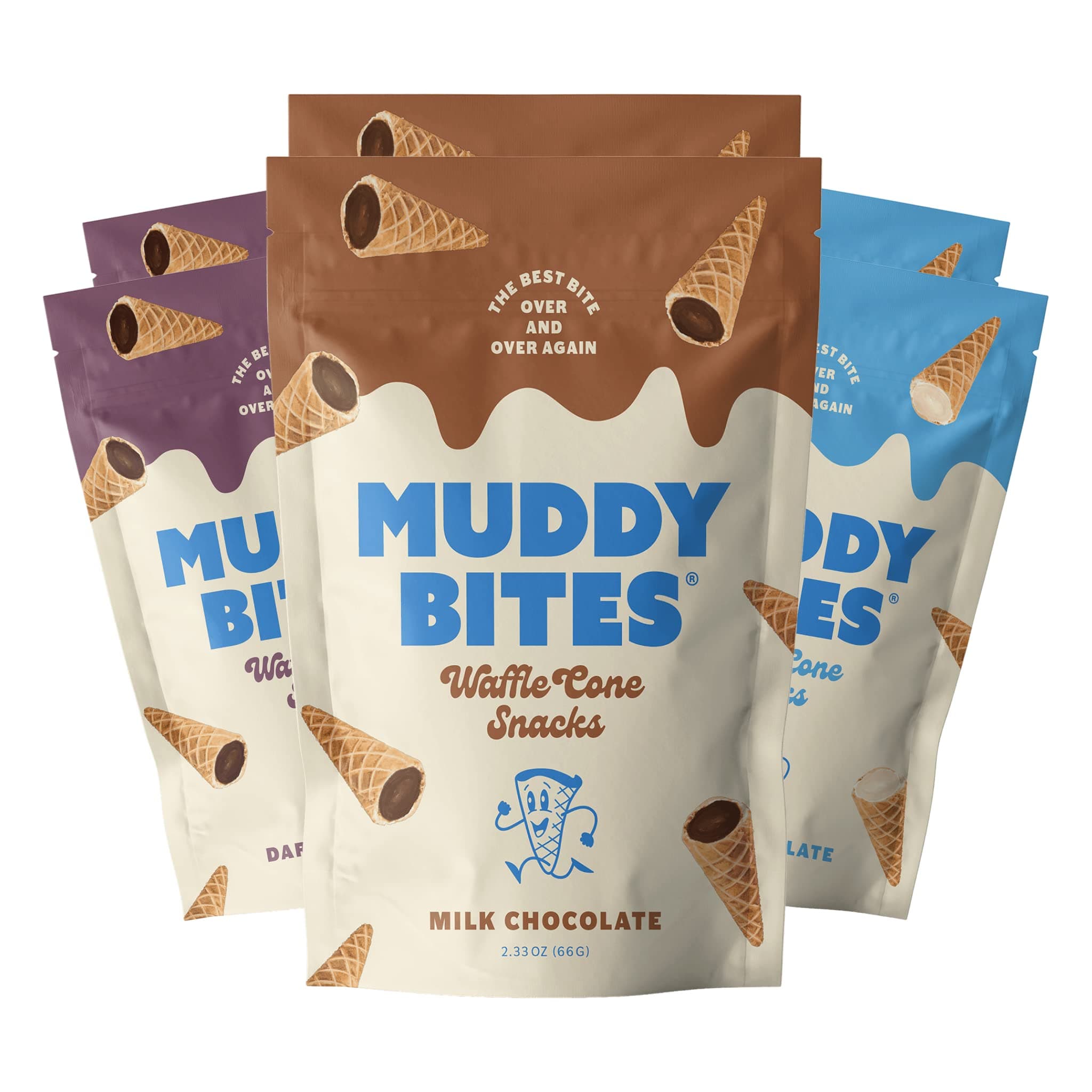Muddy Bites ワッフルコーンスナック 一口サイズ 充填コーンバイト スナックやデザート用 ミルク、ダーク&ホワイトチョコレート、サトウキビ、コーシャ、フェアトレード認証済み(バラエティパック、6袋)