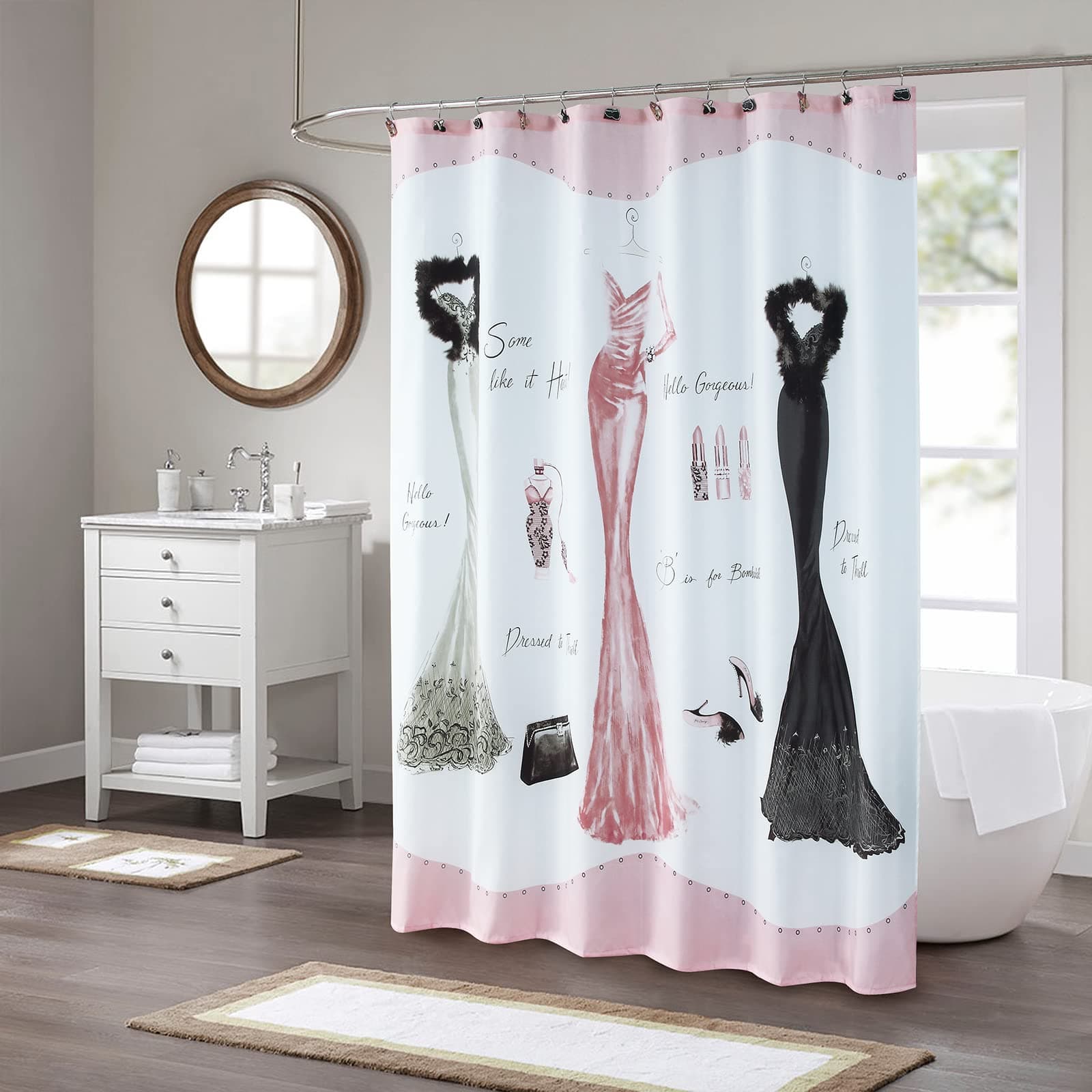 Pink Fabric Shower Curtain,Haute Farmhouse Pink Polyester, Printed Waterproof White Fashion Fabric Modern Cloth Bath Shower Curtain for Bathroom,72" W x 72" H