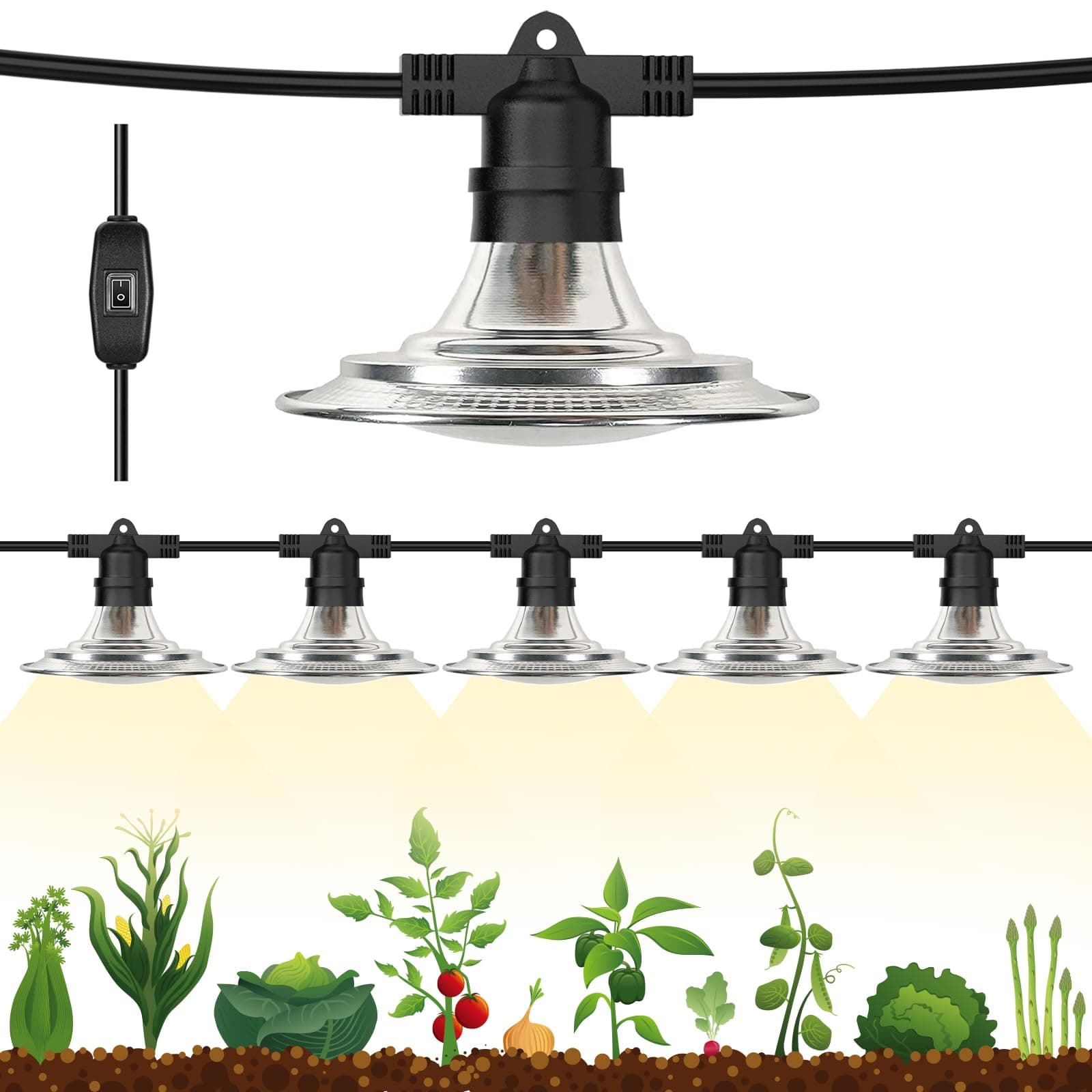 Outdoor LED Grow Lights for Greenhouse 6-Light Waterproof String Grow Light, Full Spectrum LED Plant Grow Light Lamp, Waterproof Greenhouse Grow Lights for Seedling, Veg, Flower