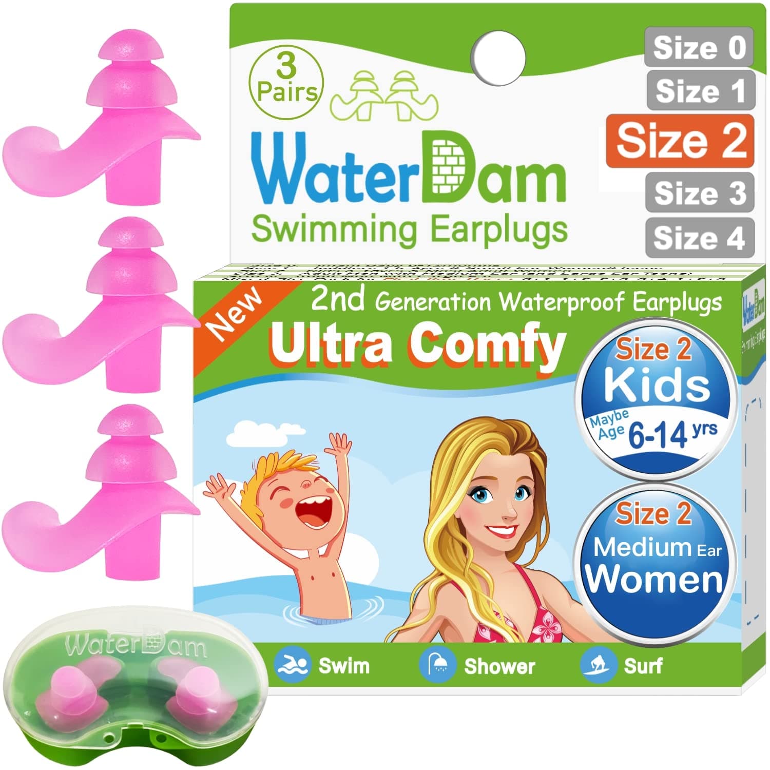WaterDam Swimming Ear Plugs Great Waterproof Ultra Comfy Earplugs Prevent Swimmer's Ear