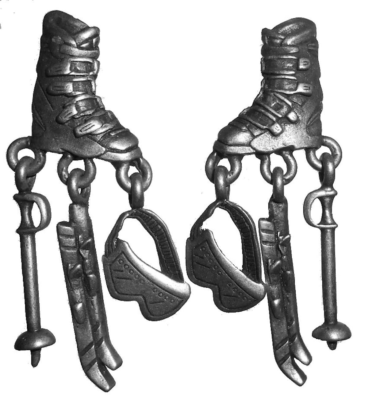 Ski Theme Artifacts Post Style Dangling Earrings 2" Long Antique Silvertone