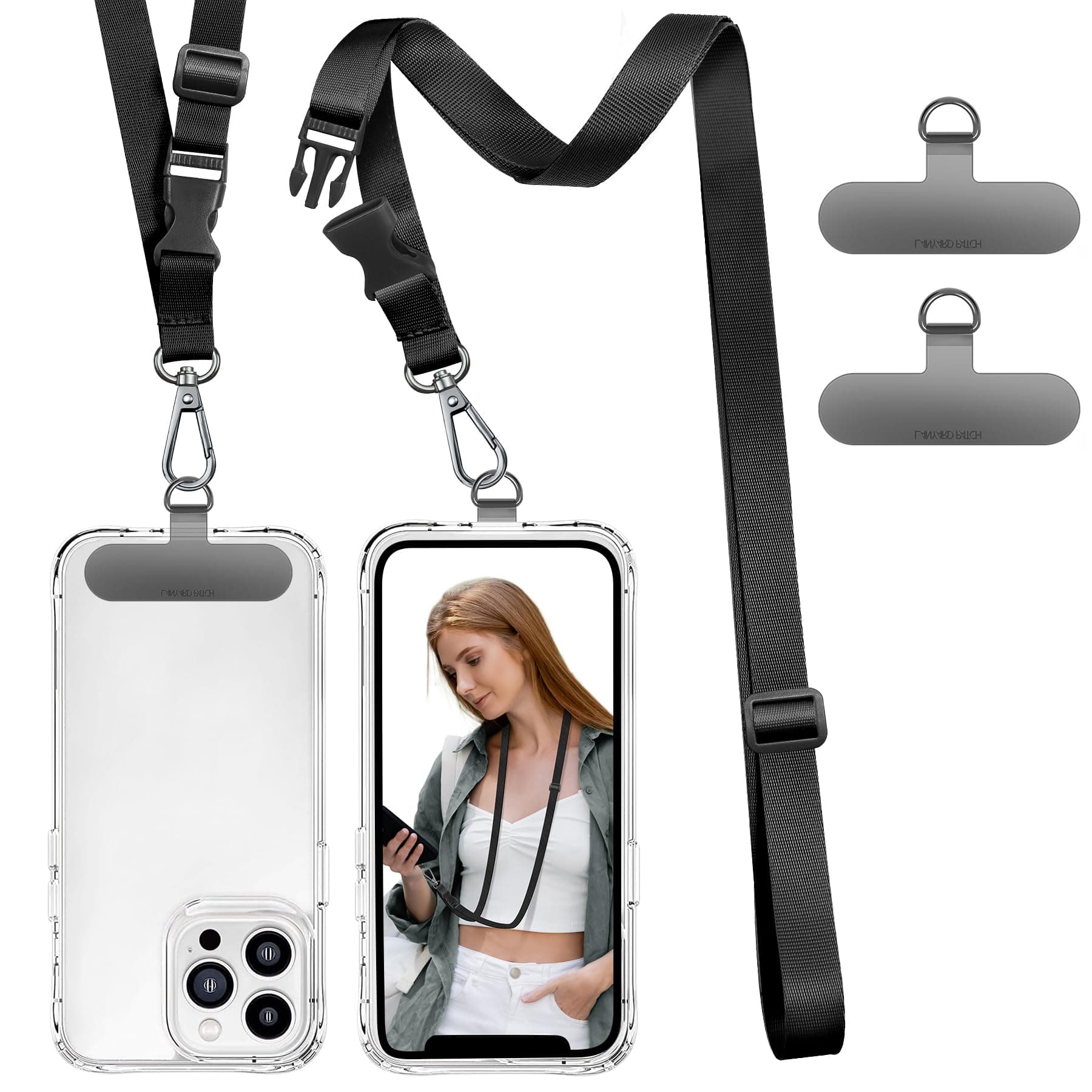 ROCONTRIP Phone Lanyard Universal Crossbody Cell Phone Strap Multifuctional Nylon Patch Adjustable Neck Strap for Women Men Travel Shopping Walking(Pure Black)
