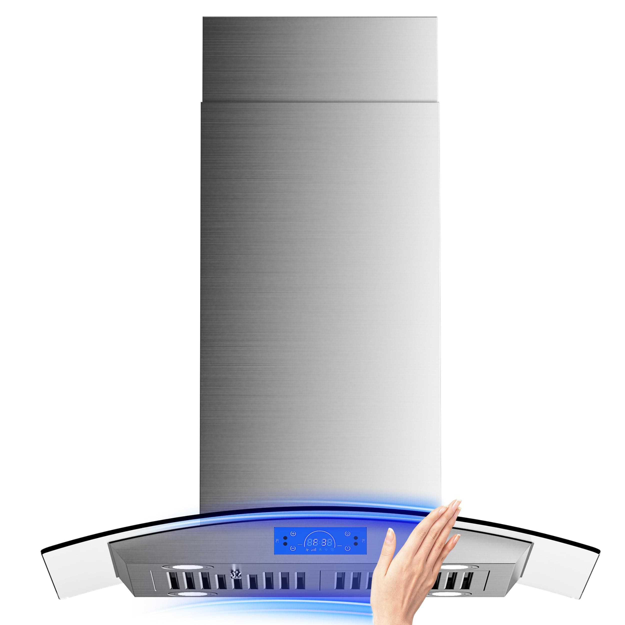 Island Range Hood 30 inch 700 CFM with Chimney, Ceiling Mount Kitchen Vent Hood with Tempered Glass, 4 LED Lights, Permanent Filters, Premium Touch Control Panel, Includes Charcoal Filter