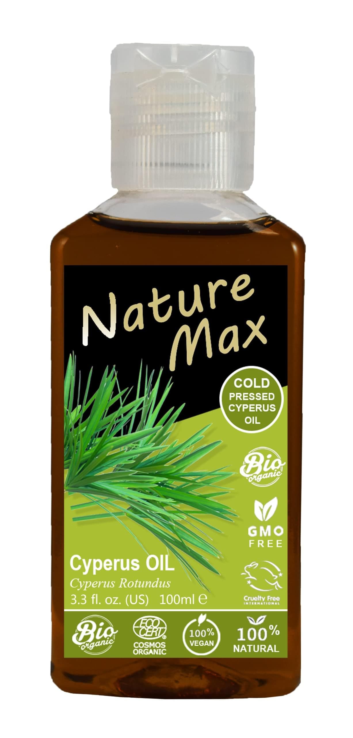 Nature Max Cyperus Oil Natural Undiluted Pure For Hair & Skin Care Cold Pressed Premium (1 Pack = 3.38 oz / 100 ml) زيت السعد