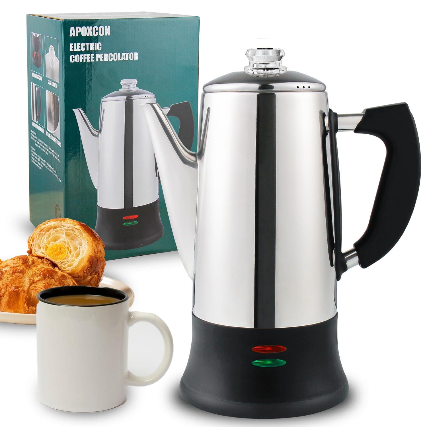 Electric Coffee Percolator Stainless Steel Coffee Maker with Two Heat Resistant Tough Glass Clear Brew Progress Knob Classic Look Keep Warm & Cordless Serving Coffee Pot 12 Cup