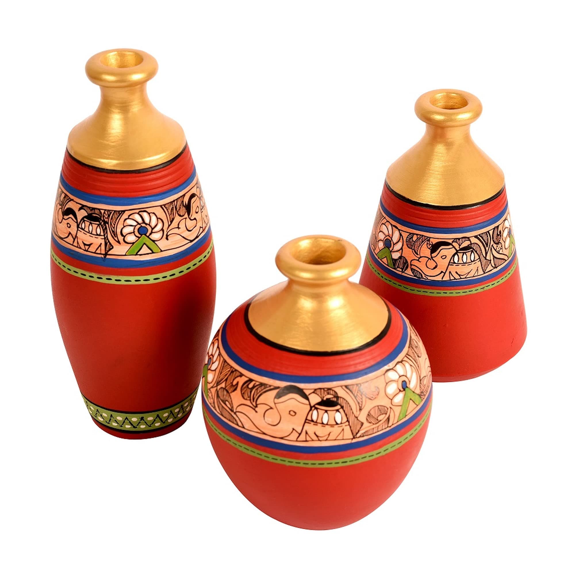 AAKRITI ART CREATIONS Earthenware Madhubani Hand-Painted Vases (Pot 1-6 X 3 Inch, Pot 2-5 X 3 Inch, Pot 3-5 X 4 Inch, Red and Golden)