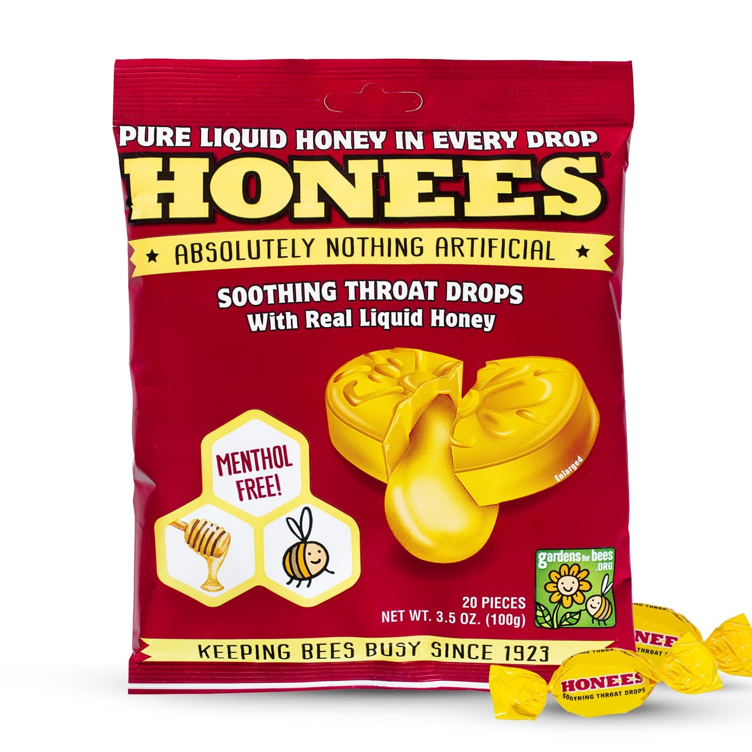 Honees Honey Filled Cough Drops - 20-Piece Single Pack Menthol-Free Lozenges | Temporary Relief from Cough | Soothes Sore Throat | All Natural