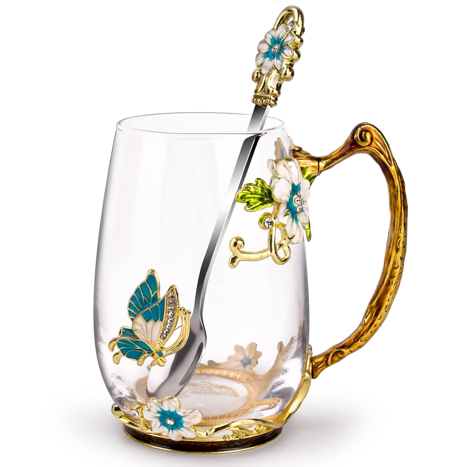 OEAGO Birthday Gifts for Women Mom Glass Coffee Enamels Mug Best Mothers Day Butterfly Gifts for Her from Daughter Son Lead-Free Christmas Tea Cup with Spoon Sets