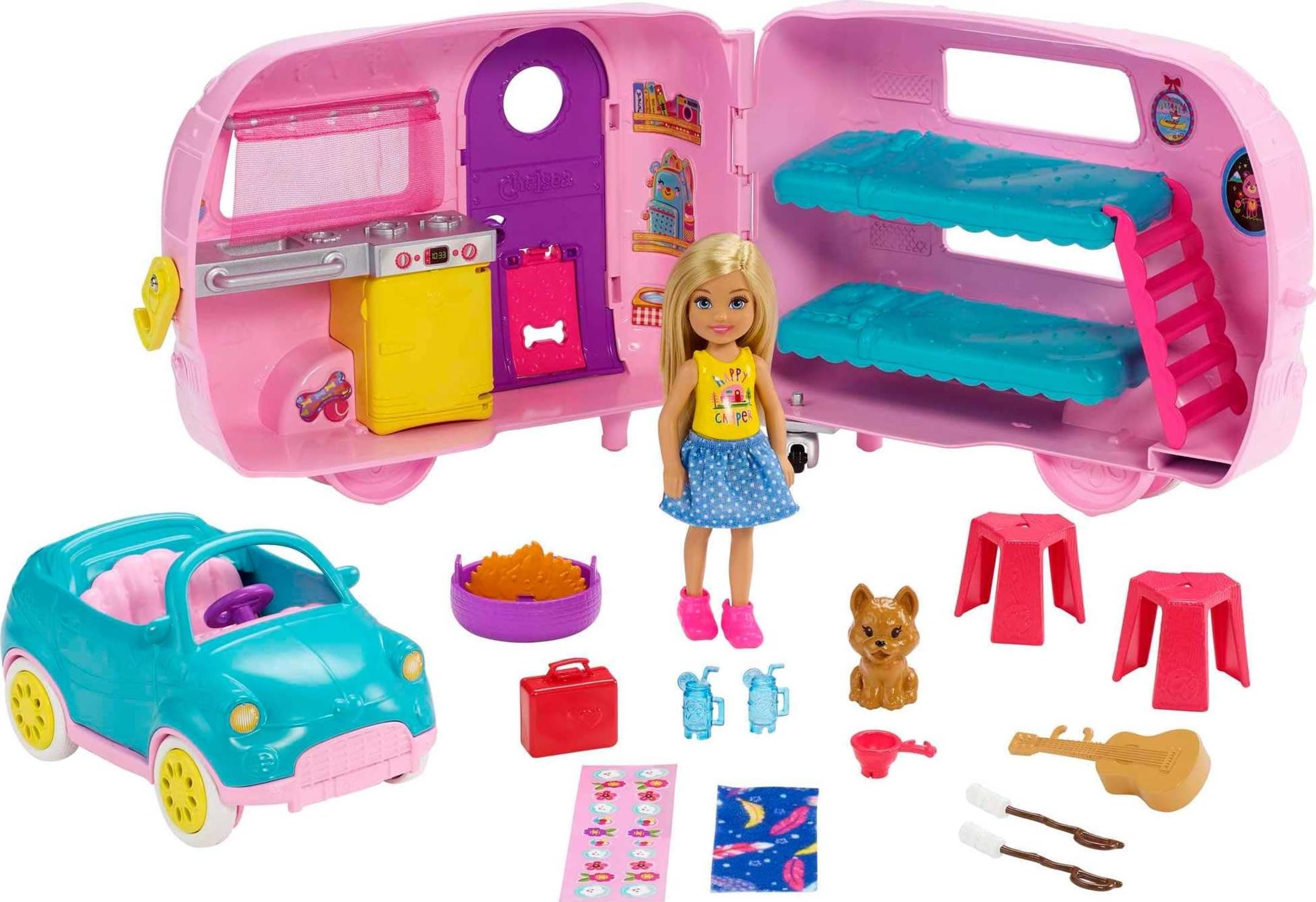 Club Chelsea Toy Car & Camper Playset, Blonde Chelsea Small Doll, Puppy & 10+ Accessories, Unhitch & Open for Campsite