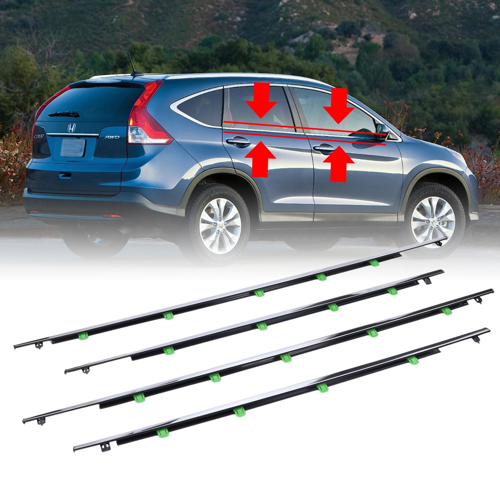 4Pcs Weatherstrip Window Moulding Trim Seal Belt Compatible with 2007-2011 Honda CRV Replaces# 72410-SWA-A01, 72450-SWA-A01, 72910-SWA-A01, 72950-SWA-A01