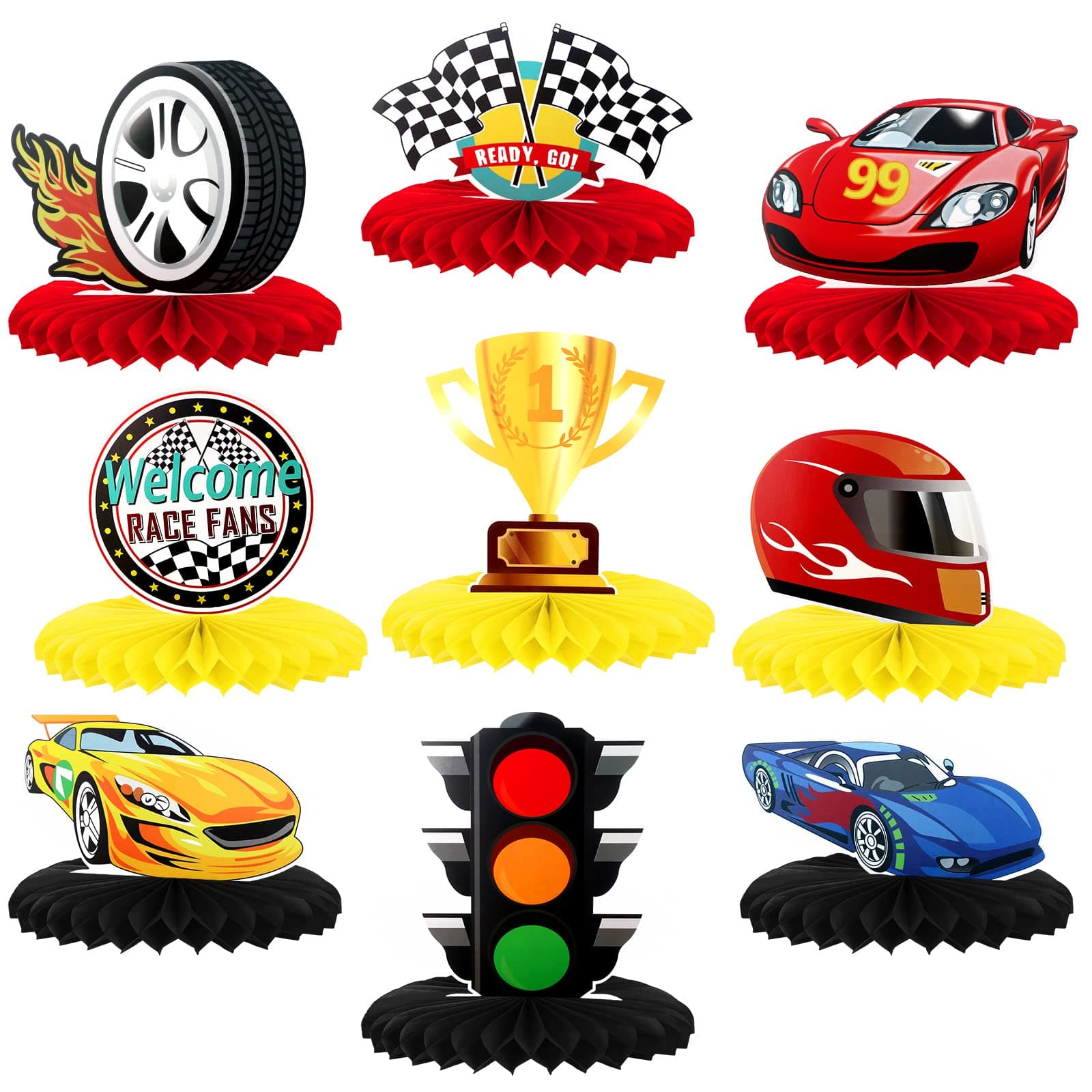 Inbagi 9 Pieces Race Car Party Decorations Race Car Honeycomb Centerpieces Party Table Decor Double-Sided Photo Booth Props for Birthday Supplies