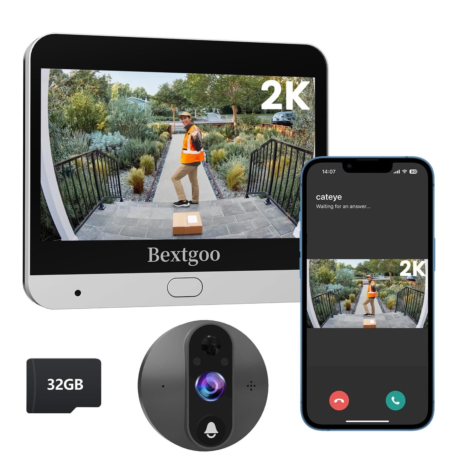 2K Video Peephole Doorbell Camera with 32GB Memory Card, Door Viewer with 4.3" Color Monitor, 8000mAh Battery, 170° Wide View, Motion Detection Alerts, Night Vision