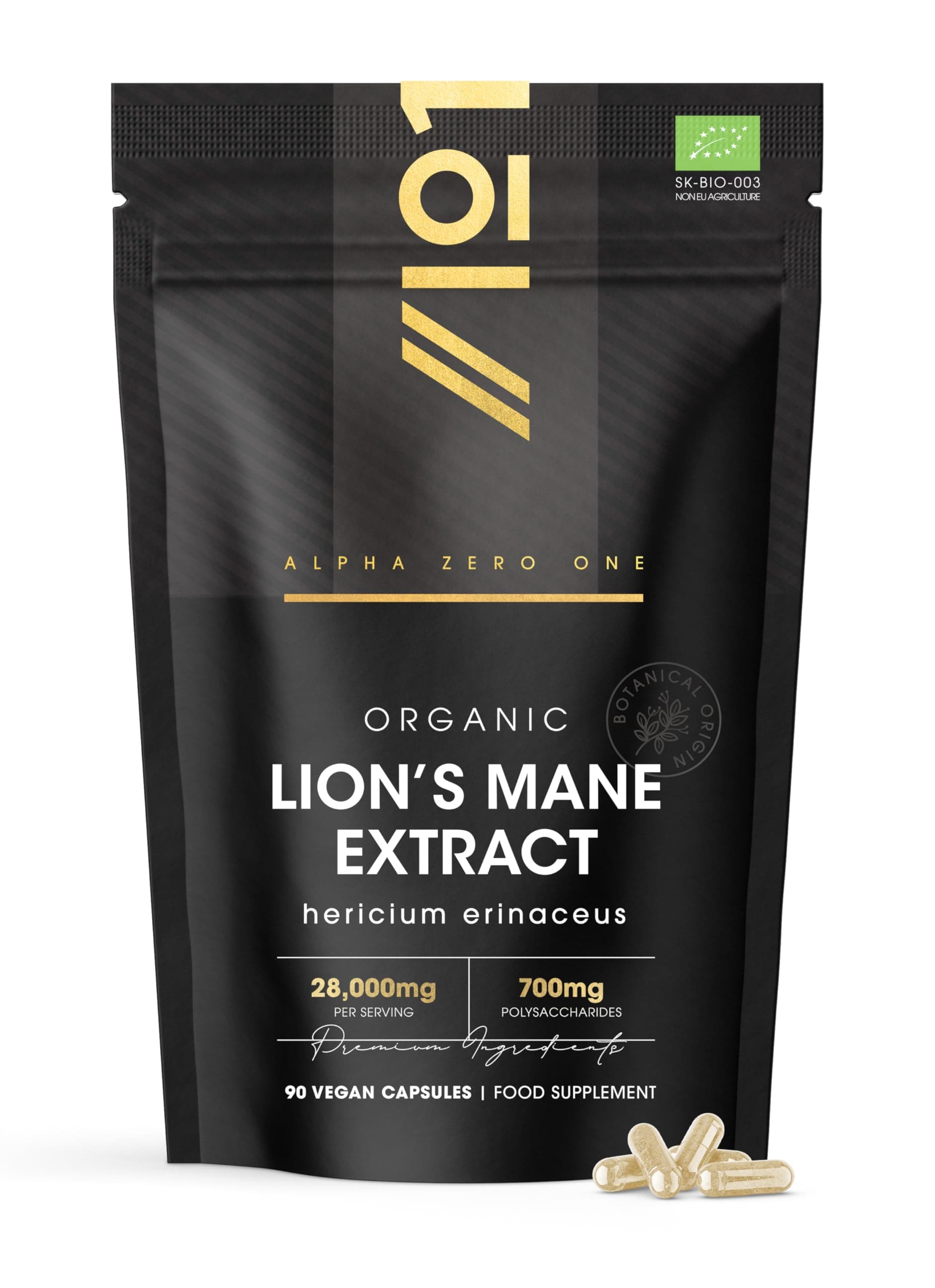Organic Lions Mane Supplement 28,000mg – 50% Polysaccharides (700mg) – 90 Vegan Capsules – High Strength Mushroom Supplement – Resealable and Recyclable Pouch – By Alpha01