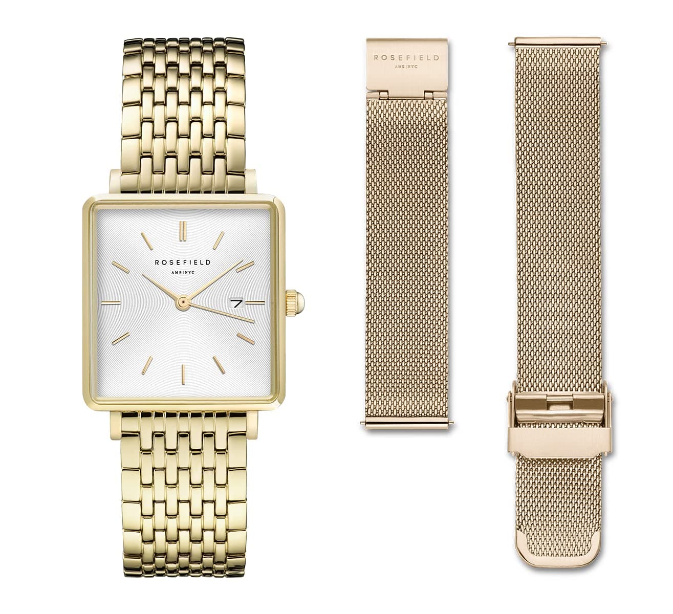 Rosefield Women's Watch The Boxy: Gold Gift Set with White Dial and 2 Straps - QWGTG-X223