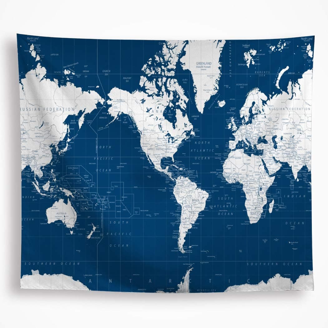 VAKADO World Map Tapestry Wall Hanging Blue Tapestry for Bedroom Aesthetic United States Geographical Maps Wall Art Covering Classroom Décor Décorations for Men Dorm Living Room Office 51”x59”