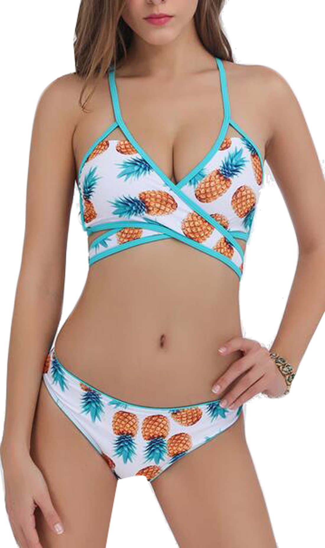 Women's Sexy 2pcs Pineapple Print Cross Bikini Set XXS