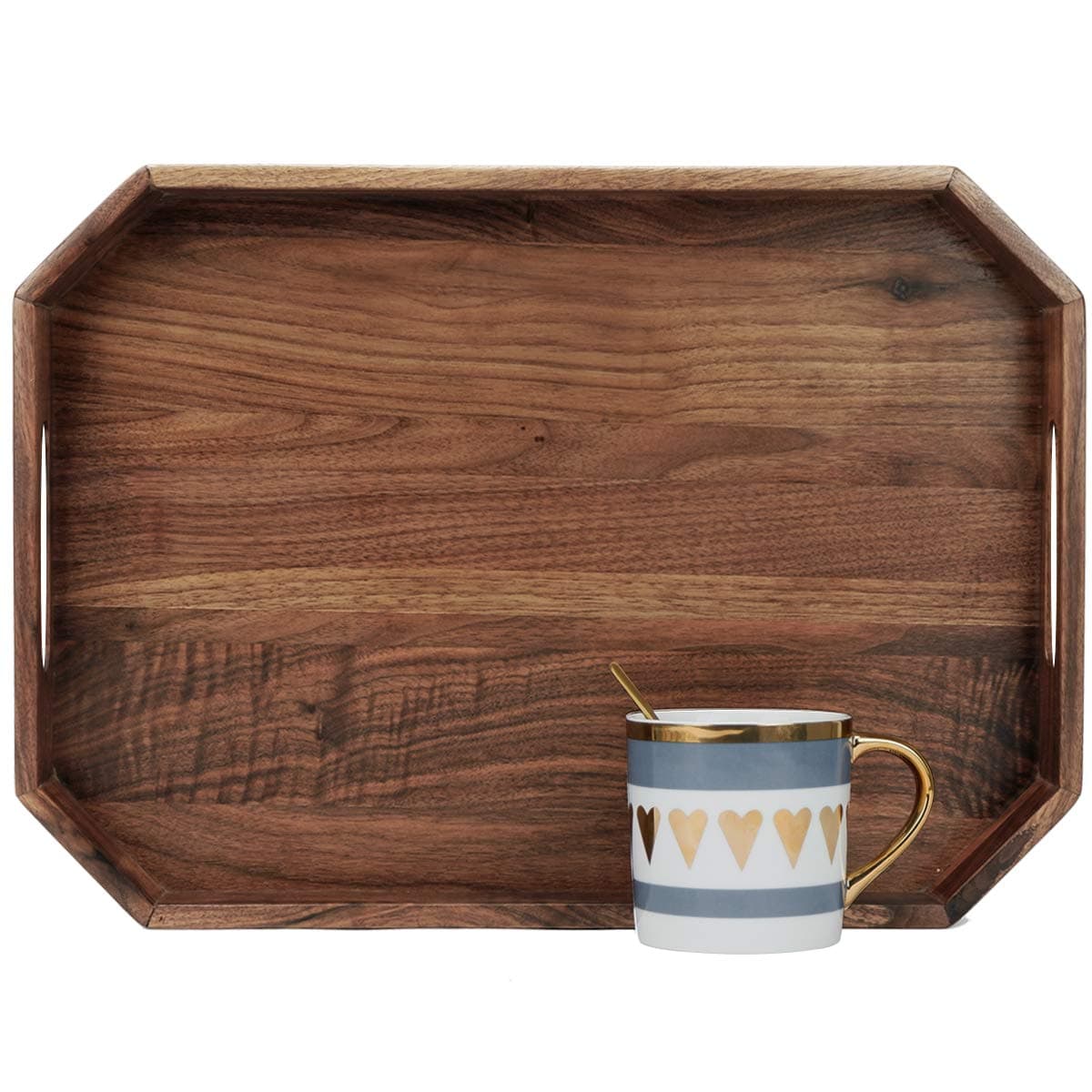 MAGIGO 17 x 12 Inches Black Walnut Wood Ottoman Tray with Handles and Angled Edges, Serve Tea, Coffee or Breakfast in Bed, Classic Wooden Decorative Serving Tray