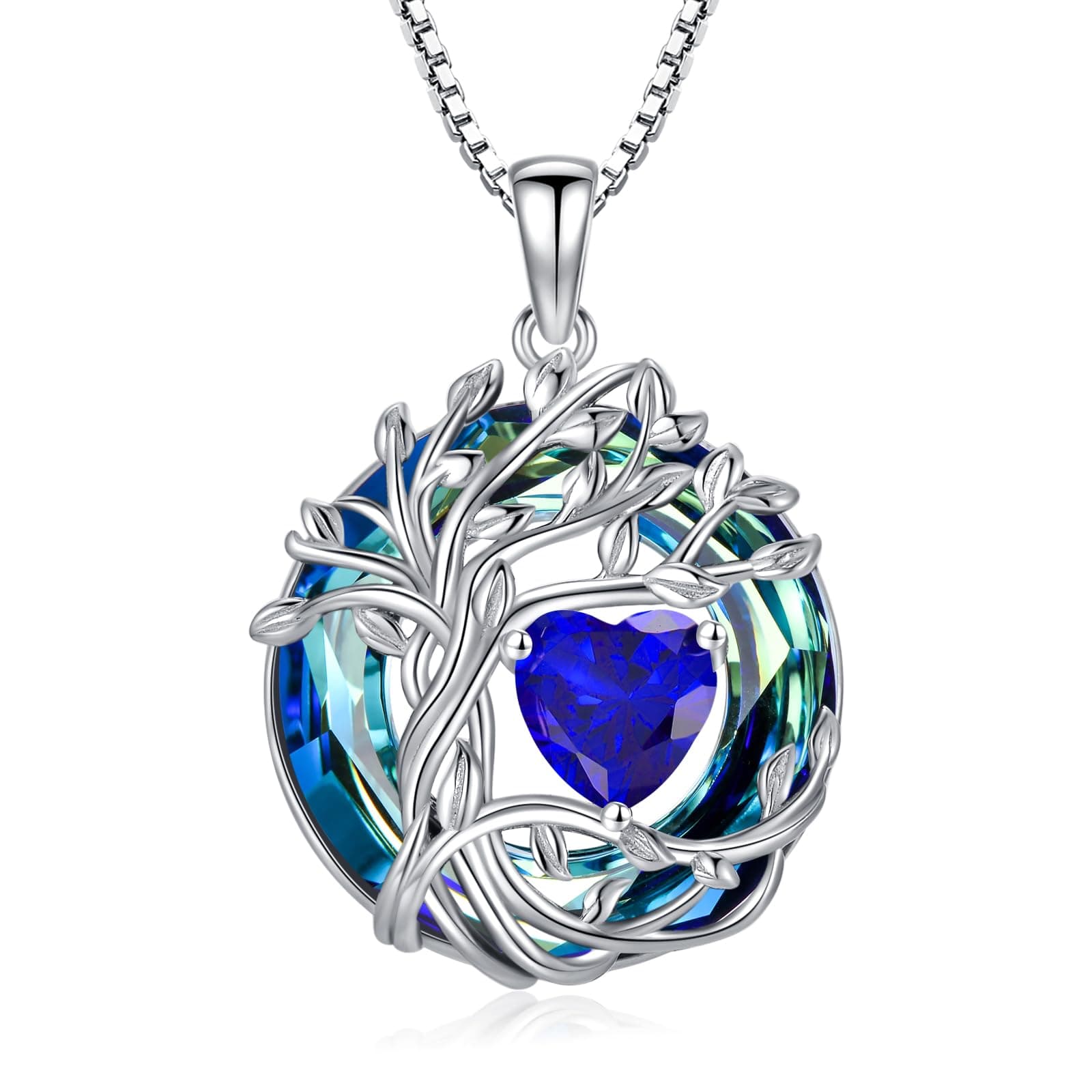 Tree of Life Birthstone Necklace 925 Sterling Silver Pendant Austrian Crystal Jewelry Anniversary Valentine's Day Birthday Gifts for Women Mom Her Wife