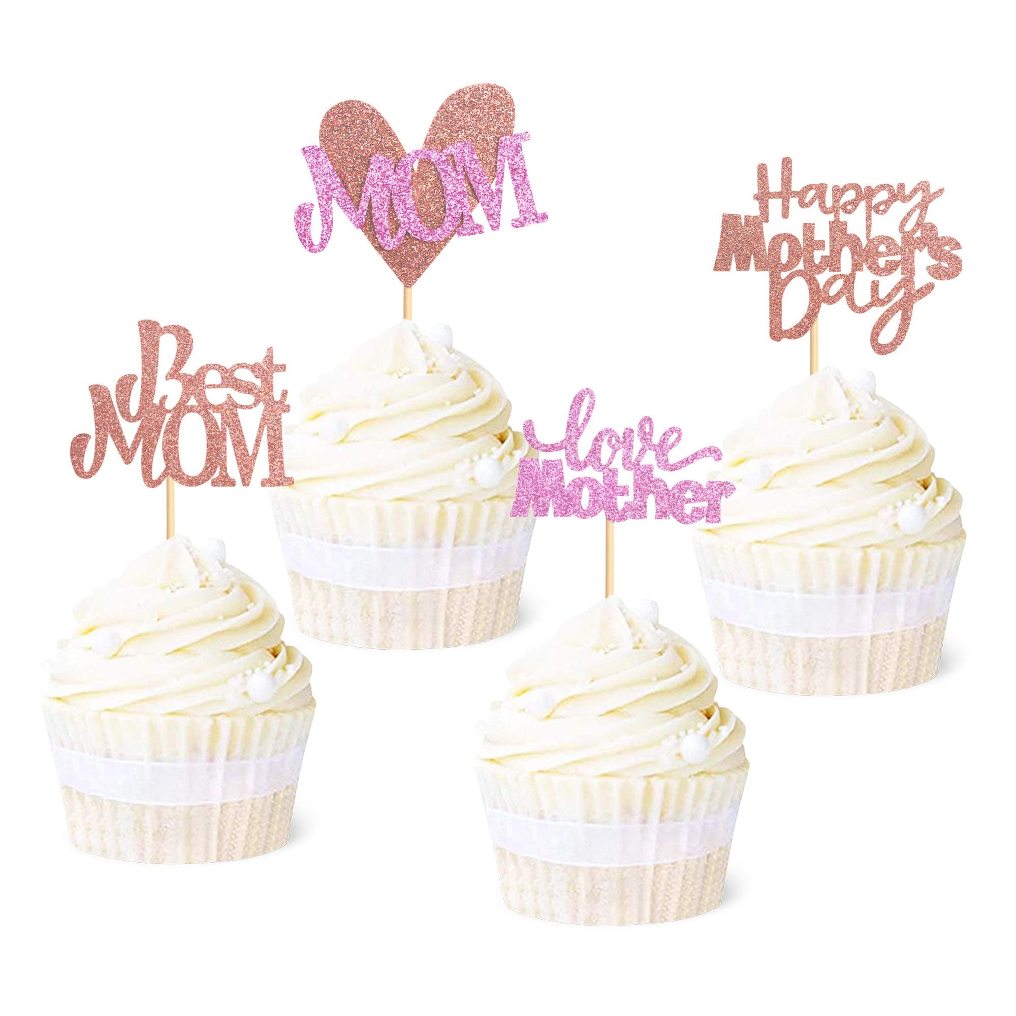 Ercaido 48 Pack Happy Mother's Day Cupcake Toppers Rose Gold Glitter Love Mother Best Mom Theme Cupcake Picks Happy Mother's Day Theme Party Cake Decorations Supplies
