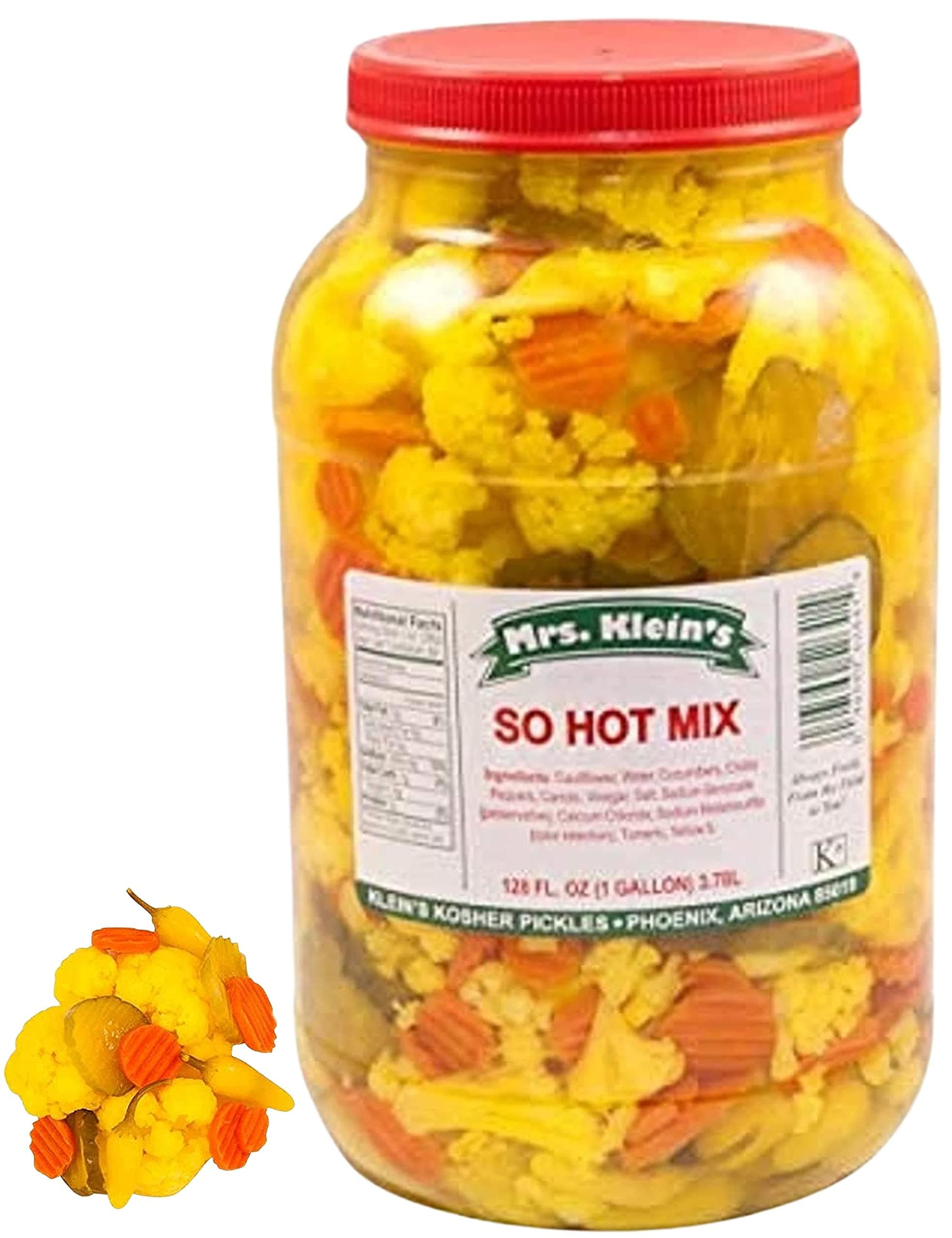 SO HOT MIX - Spicy Pickled Cauliflower Florets, Carrots, Pickles & Yellow Hot Chilis | Vegan Snacks | Bulk 1 Gallon Jar | A Spicy & Salty Veggie Mix | Mrs. Kleins Since 1945 | Grown & Made in USA