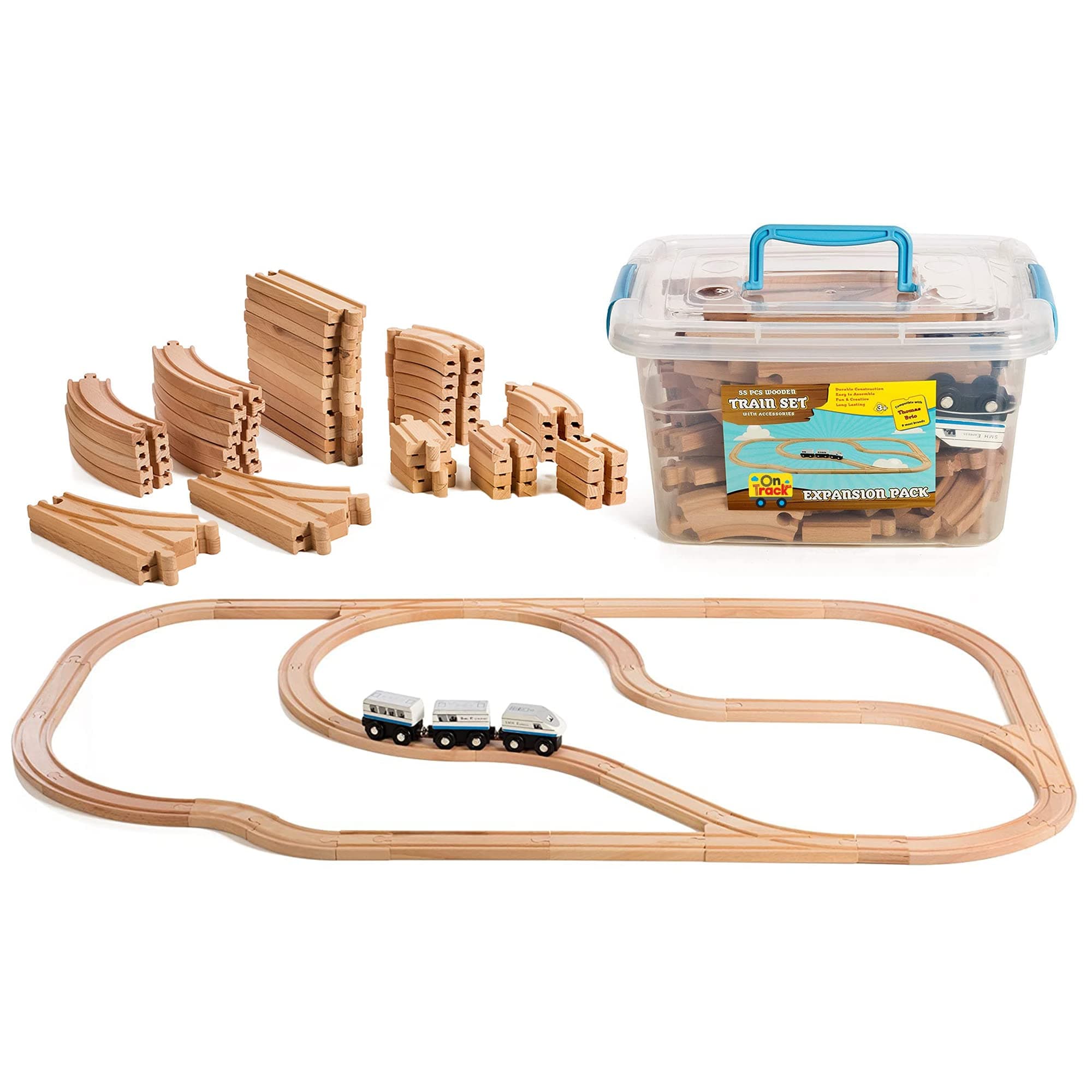 Wooden Train Track Expansion Set with Engine Train Cars - Wood Train Set for Toddlers - Compatible to All Major Brands with Storage Container, 55 Pcs Toy Train Set