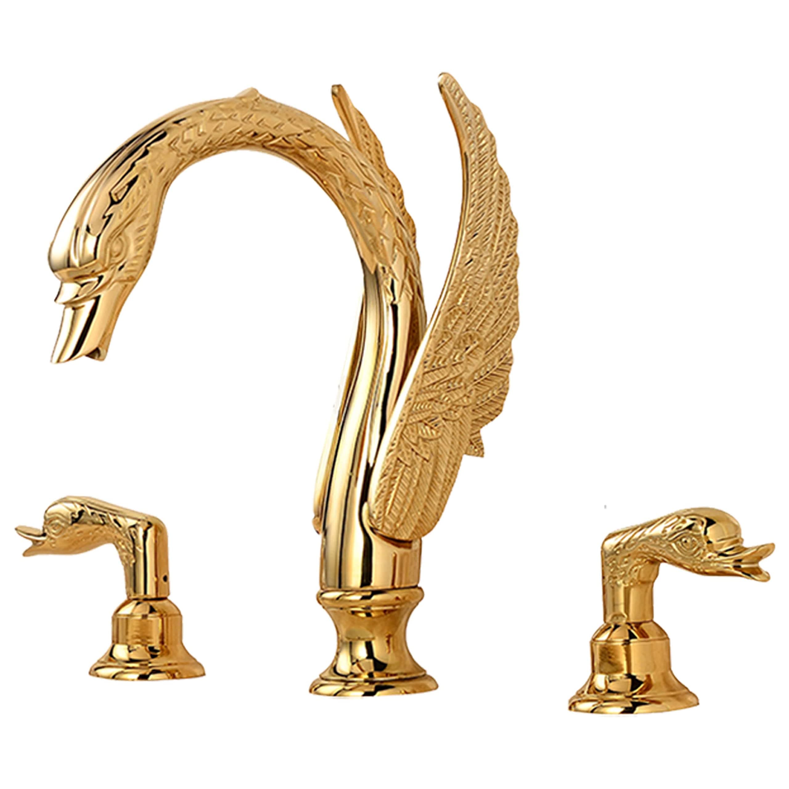 Golden Gold Ornate Swan Style Bathroom Sink Faucet Combo Deck Mount Sink Mixer Tap Set Hot Cold Water