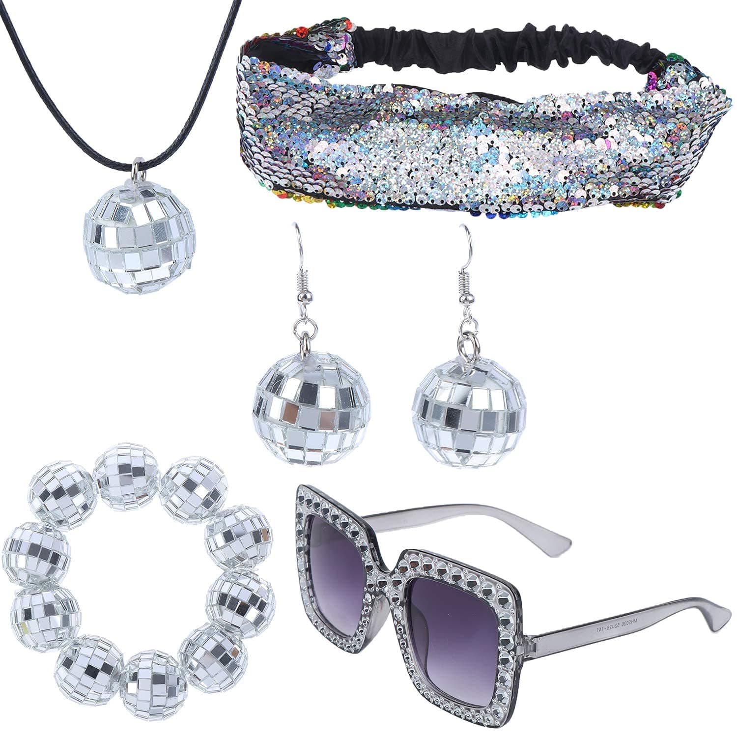 5 Pieces 1970s Disco Accessories Disco Set Ball Earrings Necklace Bracelet Bling Headband and Sunglasses for Women, Silver