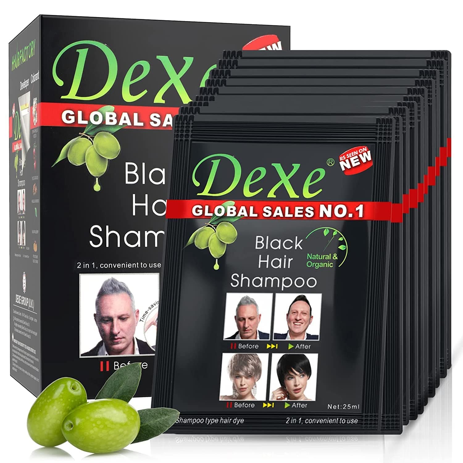 Dexe Instant Hair Dye - Black Hair Shampoo - (3) Black Color - Simple to Use - Last 30 days - Natural Ingredients