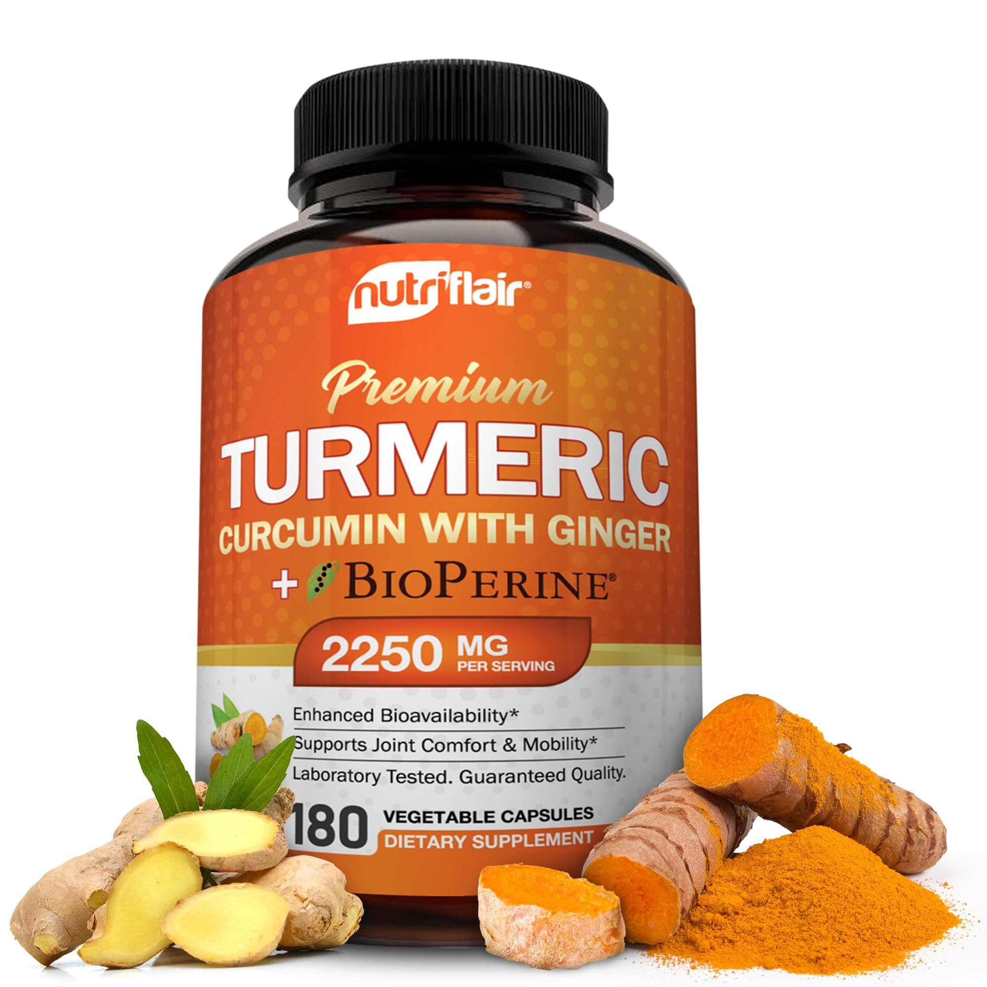 Turmeric Curcumin with Ginger & BioPerine Black Pepper Supplement 2250mg, 180 CAPSULES - Anti-Inflammatory, Antioxidant, Anti Aging - 100% Natural, Non-GMO, Vegan Best Maximum Potency, No Side Effects