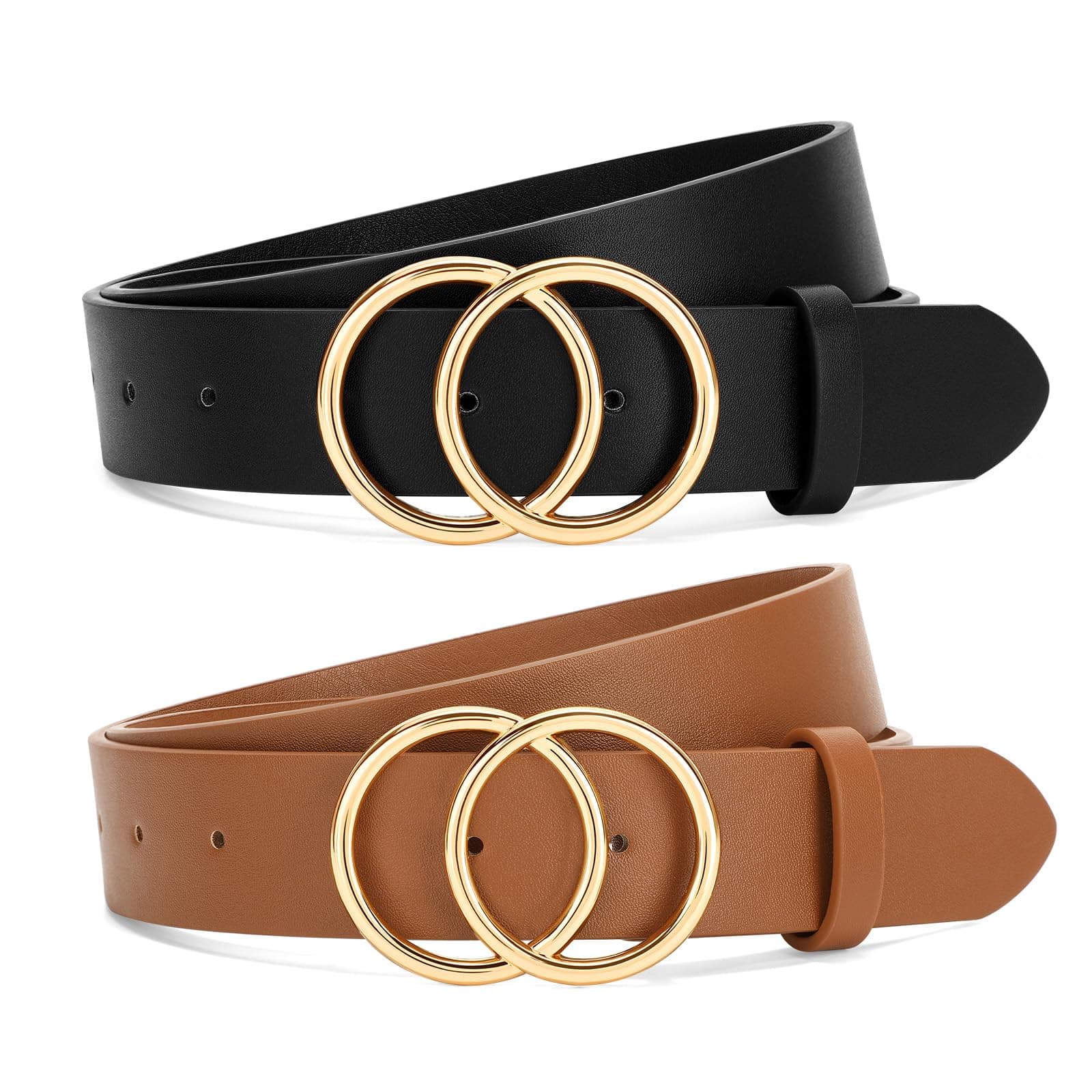 2 Pack Women Leather Belts Faux Leather Jeans Belt with Double O Ring Buckle