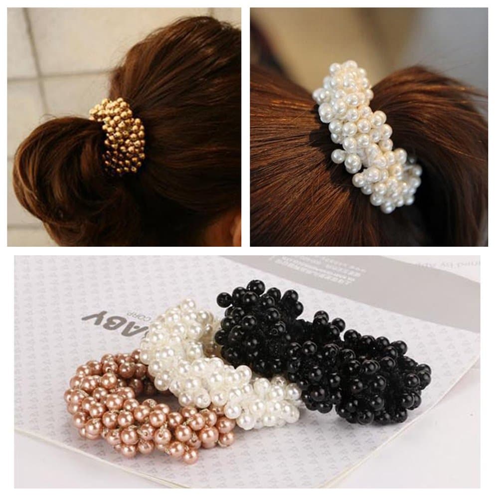 Ruihfas3Pcs Fashion Korean Hair Scrunchies Accessories Beaded Elastic Hair Ties for Women Girls Pearls Hair Bands Ropes