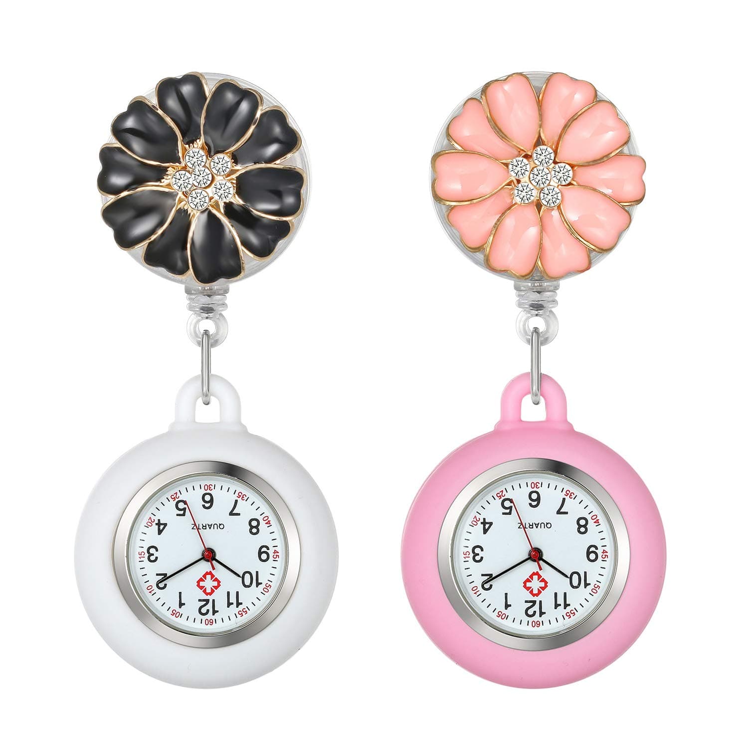 Women's Nurse Clip on Watch Cute Flower Lapel Hanging Doctor Clinic Staff Tunic Stethoscope Badge Quartz Fob Pocket Watch with Pink Silicone Cover