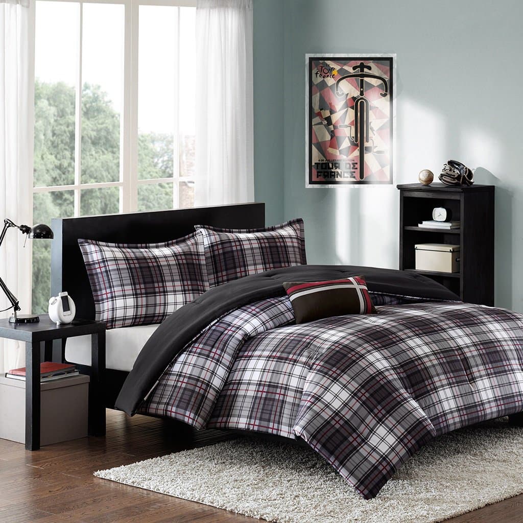 Modern Teen Bedding Boys Kids Plaid Stripes Comforter Set Black White Red Perfect for Home or Dorm. Bundle with Pocket Flashlight from Switchback Outdoor Gear (Twin/Twin XL)