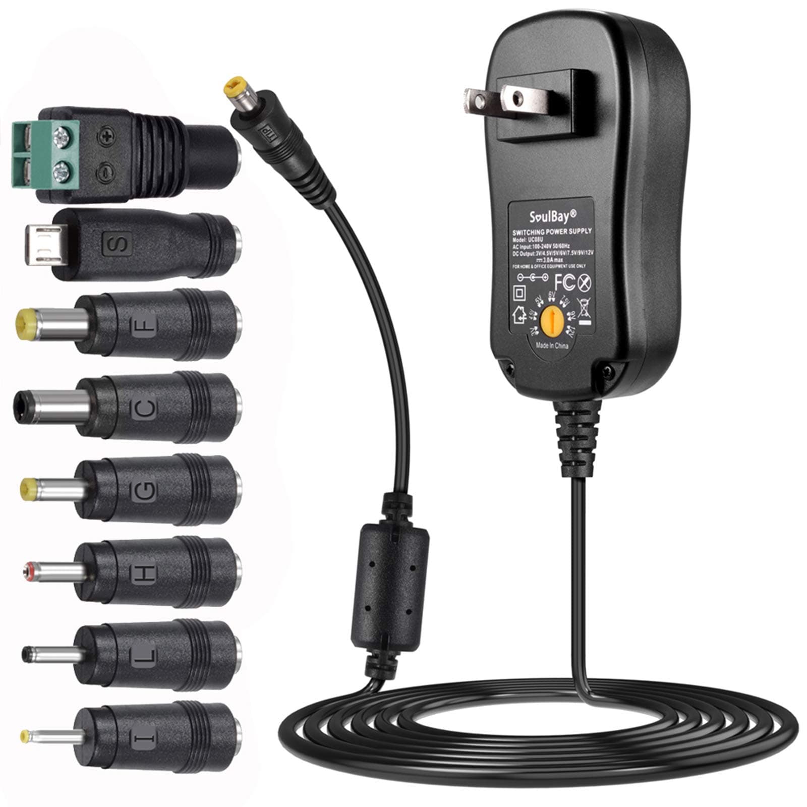 SoulBay 3V 4.5V 5V 6V 7.5V 9V 12V 36W Universal AC/DC Adapter Switching Power Supply Charger with 8 Tips for Household Electronics - 3000mA Max