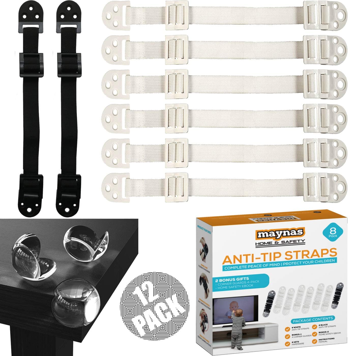 Furniture Anchors for Baby Proofing 8 Pack, 4 Pack Corner Guards - Anti-Tip TV Safety Straps, Bookshelf, Dresser Secure to Wall - Adjustable Child Proof, Protect Children - White and Black Mounts