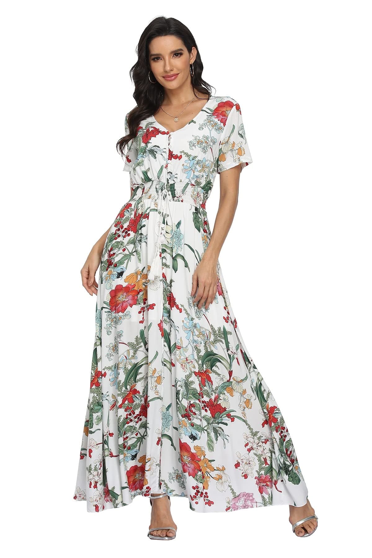 VintageClothingWomen's Floral Maxi Dresses Boho Button Up Split Summer Casual Long Dress Beach Party Dress
