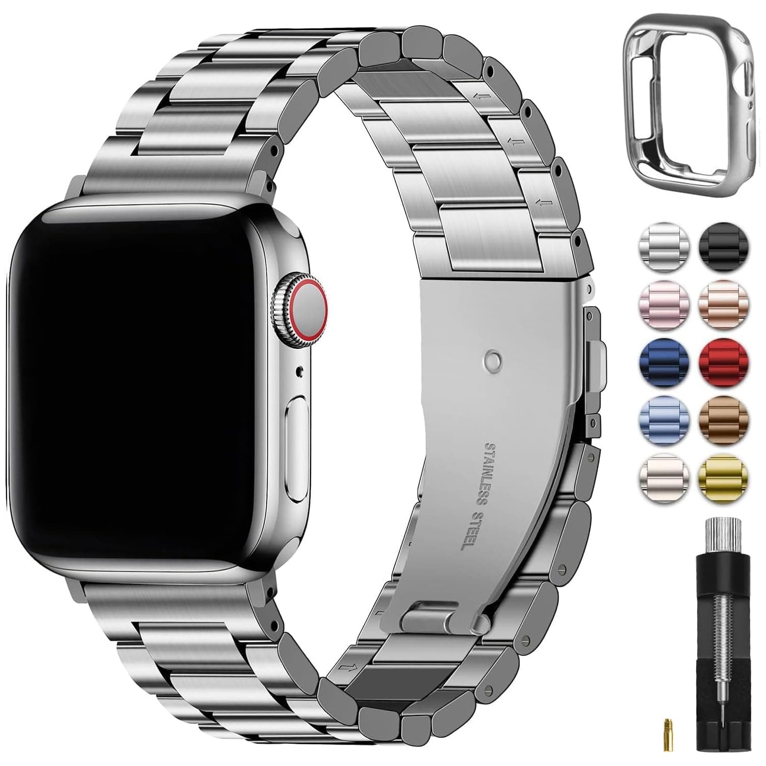 Fullmosa Metal Band Compatible with Apple Watch Bands 45mm 44mm 42mm 46mm 49mm 41mm 40mm 38mm, iWatch Band with Case for Apple Watch Series 11 10 9 8 7 6 5 4 3 2 1 SE3/2/1 Ultra3/2/1 , 42mm 44mm 45mm, Silver