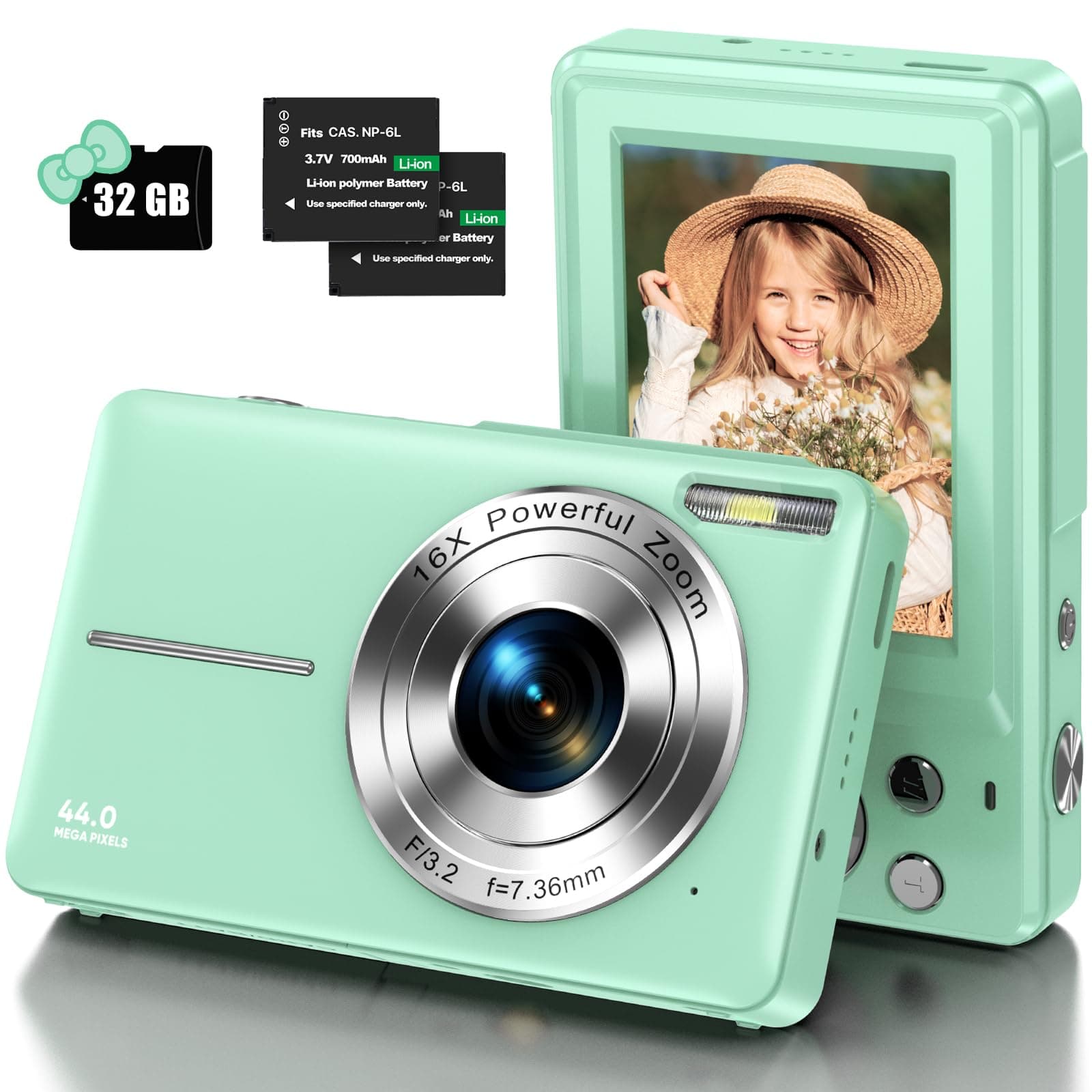 Green Kids Digital Camera - 32GB Card, FHD 1080P, 44MP, Vlogging, LCD Screen, 16X Zoom, Compact, Portable, Rechargeable - Gifts for Students, Teens, Adults, Girls, Boys