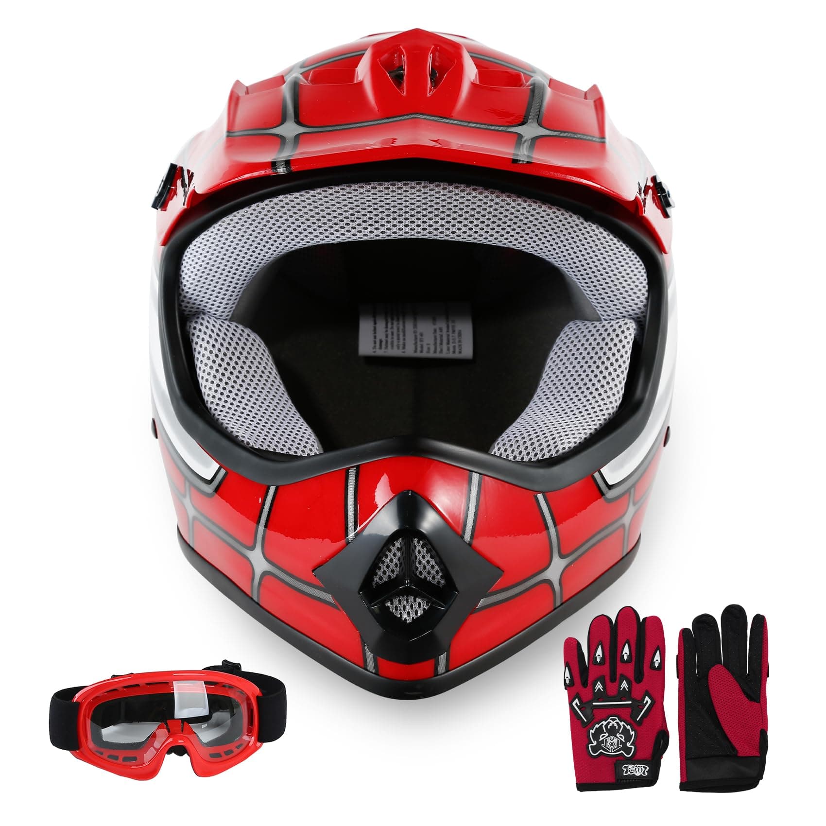 SLMOTO DOT Approved Youth Kids BMX MX ATV Off-Road Dirt Bike Helmet Motorcycle Helmet Dirt Bike Motocross Downhill Mountain Bike Red Spider Helmet+Goggles+Gloves
