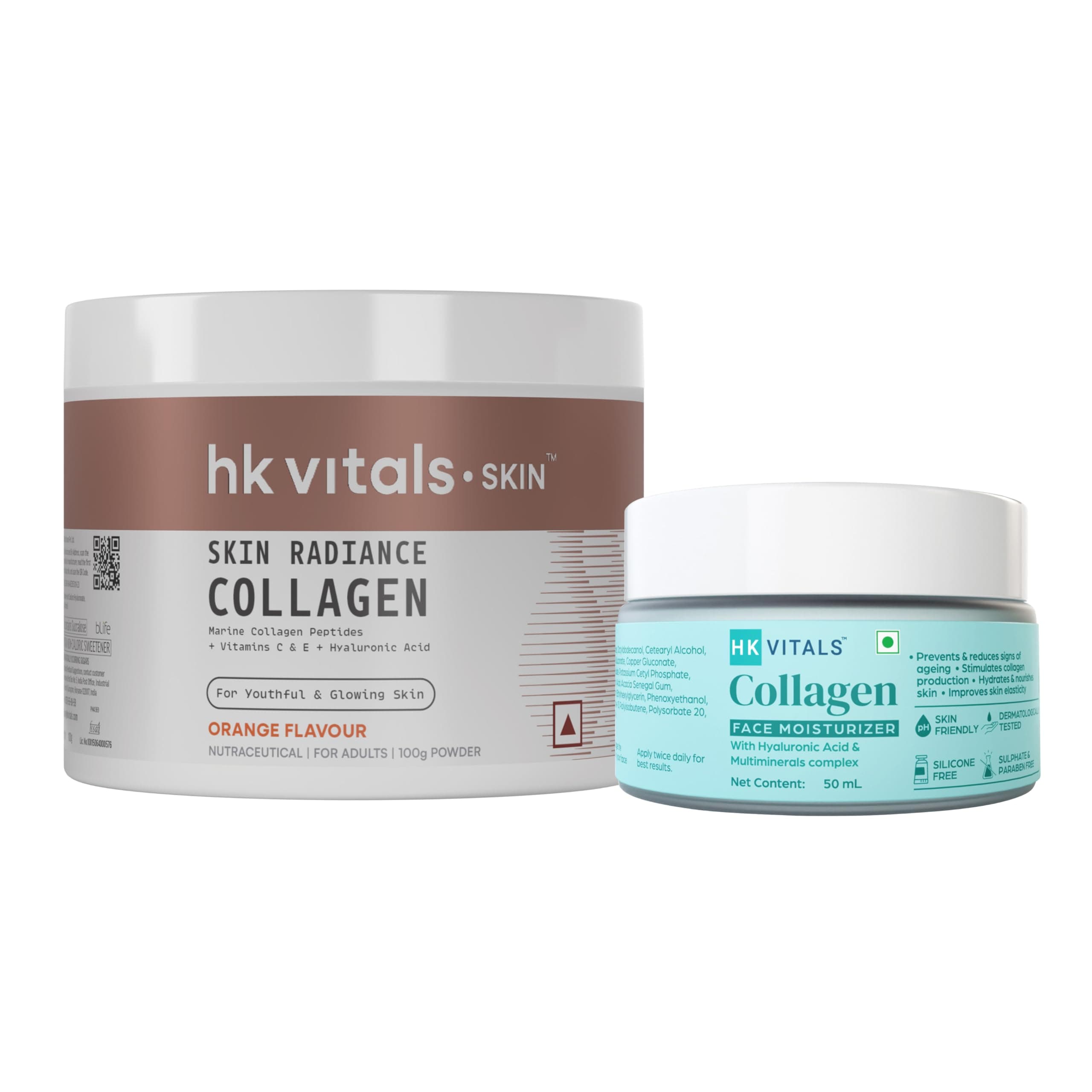 hk vitals Marine Collagen Supplements (Orange, 100g) with Collagen Face Moisturizer, 50ml | Combo Pack