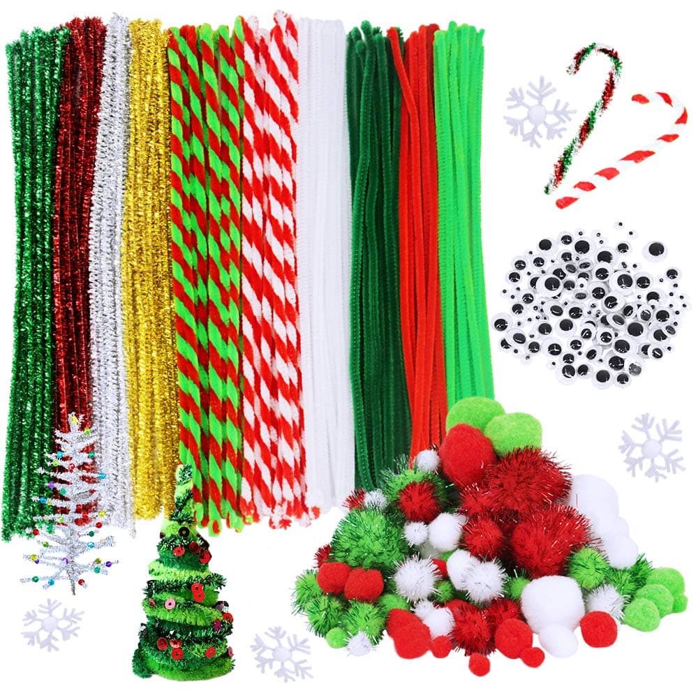 BESTTOYHOME 330 Pieces Christmas Striped Chenille Stem Candy Cane Pipe Cleaners Set, Including 100 Pieces Pipe Cleaners, 6 Size Pom Poms and 4 Size Wiggle Googly Eyes for Craft DIY Art Supplies