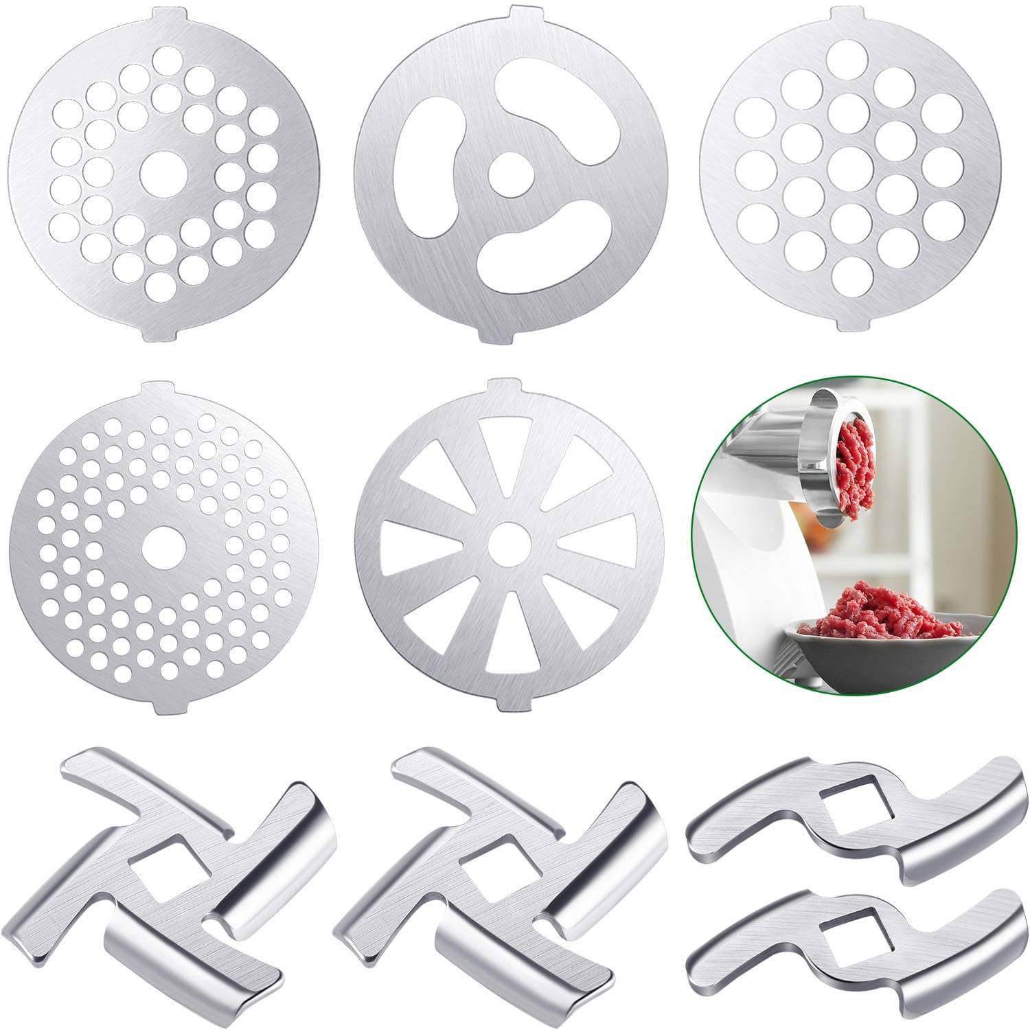 Mudder 9 Pieces Meat Grinder Blades/Plate Discs Stainless Steel Food Grinder Accessories for Size 5 Stand Mixer and Meat Grinder