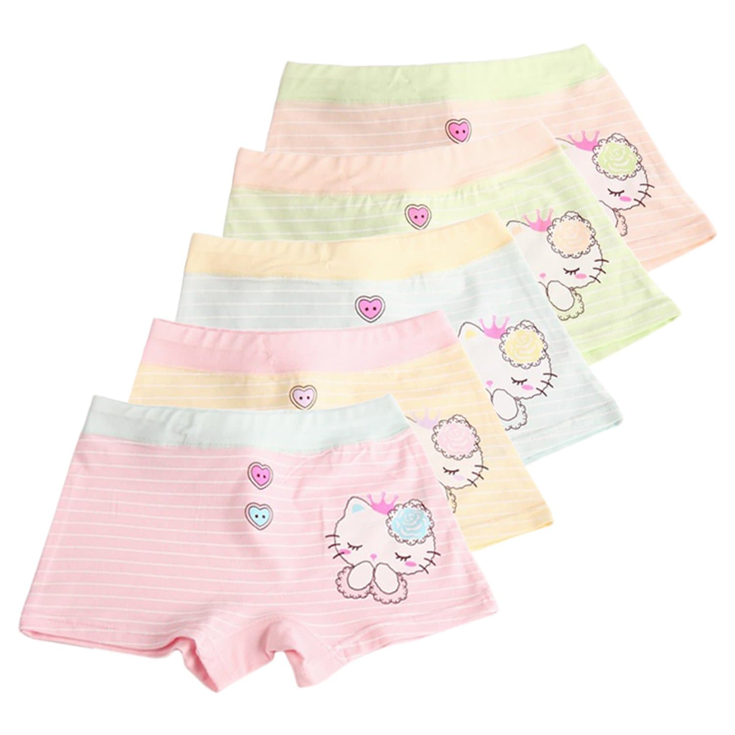 XPXGMT5 Pack Stripe Lovely Cat Little Girls Boyshorts Knicker Baby Girl Cotton Boxer Briefs Hipster Underwear 4-10 Years