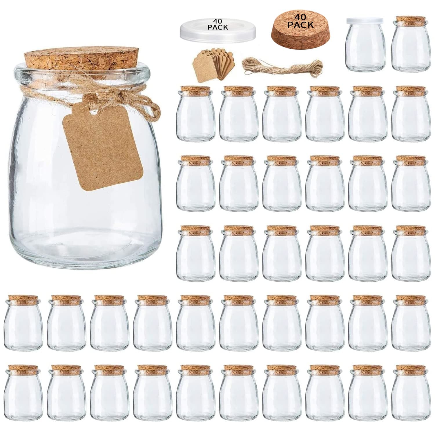 Brajttt Glass Mini Yogurt Jars 40 Pack, 7 oz Favor Jars With Cork Lids, Pudding Containers, Mason Wedding Favors Honey Pot With Label Tags and String